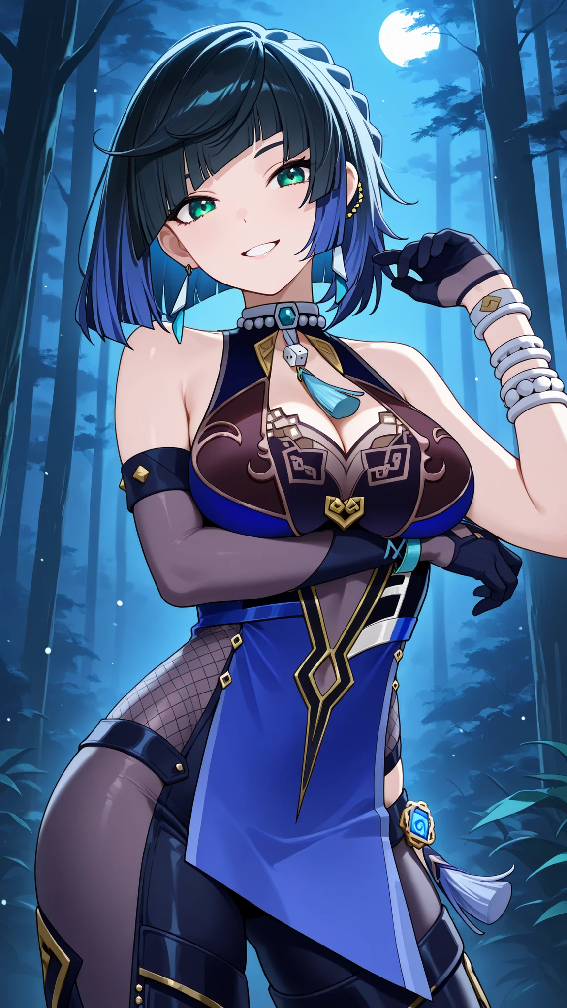 highres, absurdres,cowboy shot,1girl,solo,yelan, black hair, blue hair, eyebrows hidden by hair, green eyes, multicolored hair, short hair,bare shoulders, black gloves, chinese clothes, cleavage, elbow gloves, jewelry, necklace,night,forest,grin,contrapposto,arm under breasts,hand up,head tilt,