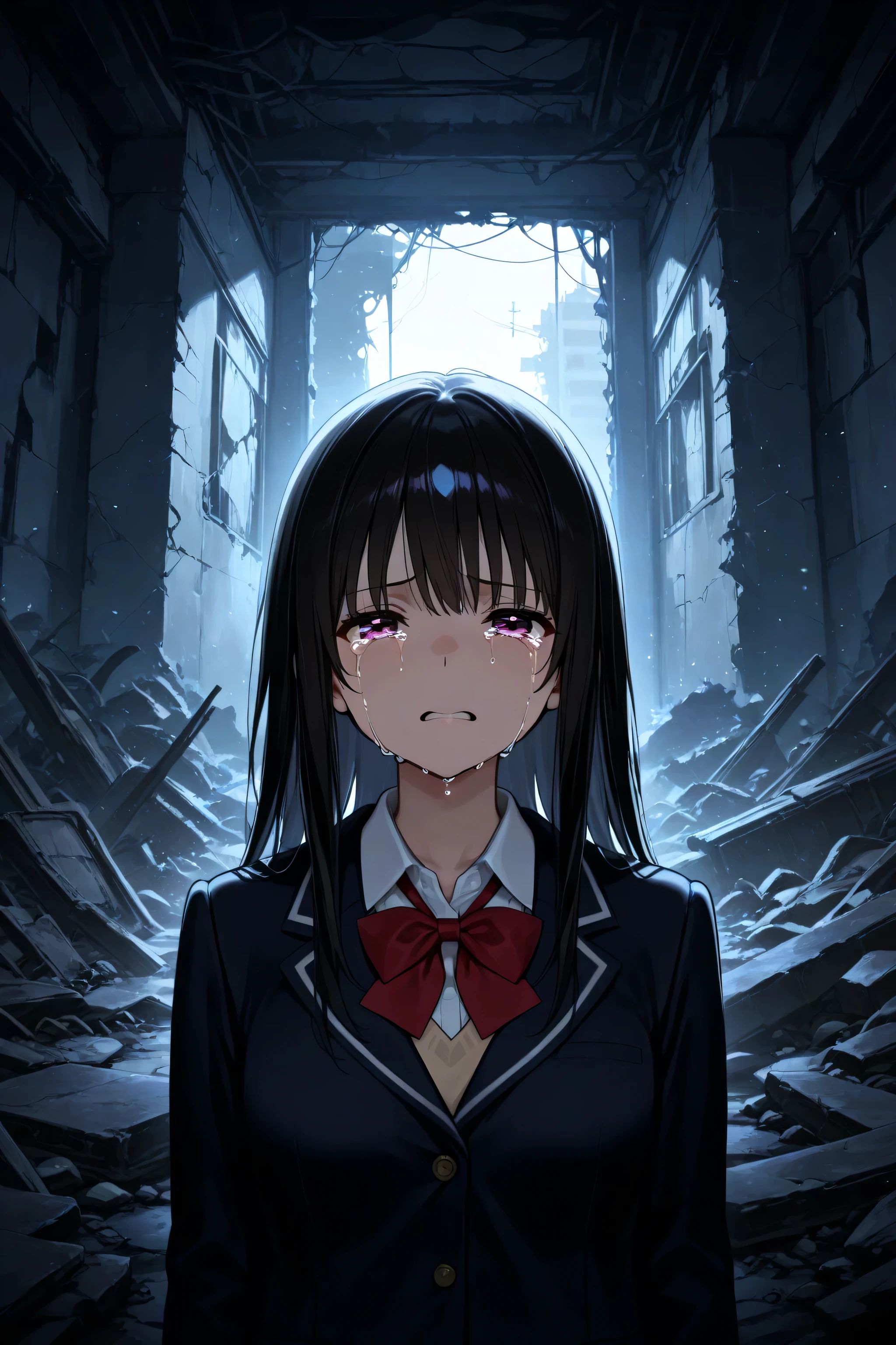 one female high school student, is crying, Inside the ruins,