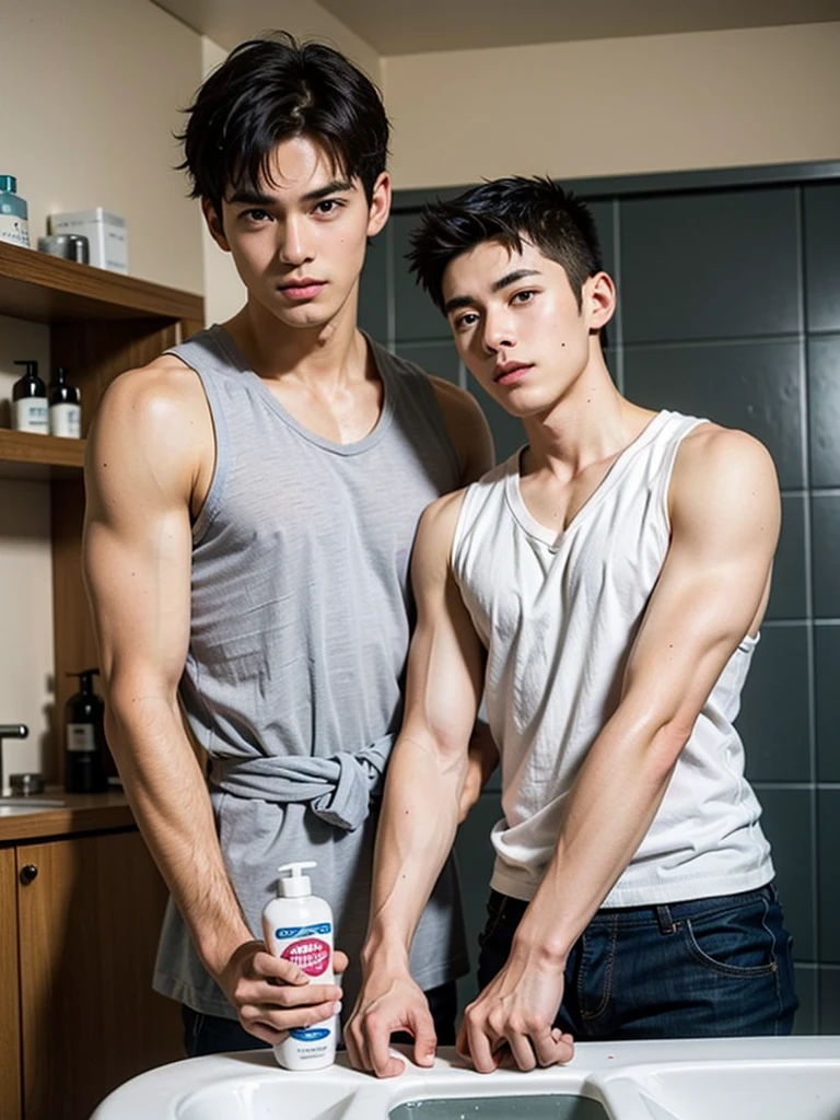 Pretty Wet Japanese feminine boy in black adidas onepiece swimsuit , black High-cut racing back one piece swimsuit , solo, cute smile, Boy with wet short black hair, very white skin, the boy has a  look, looking_at_viewer, Cool boy, blue and purple one piece swimsuit , shiny_hair, water, indoors, garments:High-cut one piece swimsuit , shower, a boy with slim waist, small abs, one boy sitting on the shower wearing black adidas one piece swimsuit  in split, showing his   with wild 