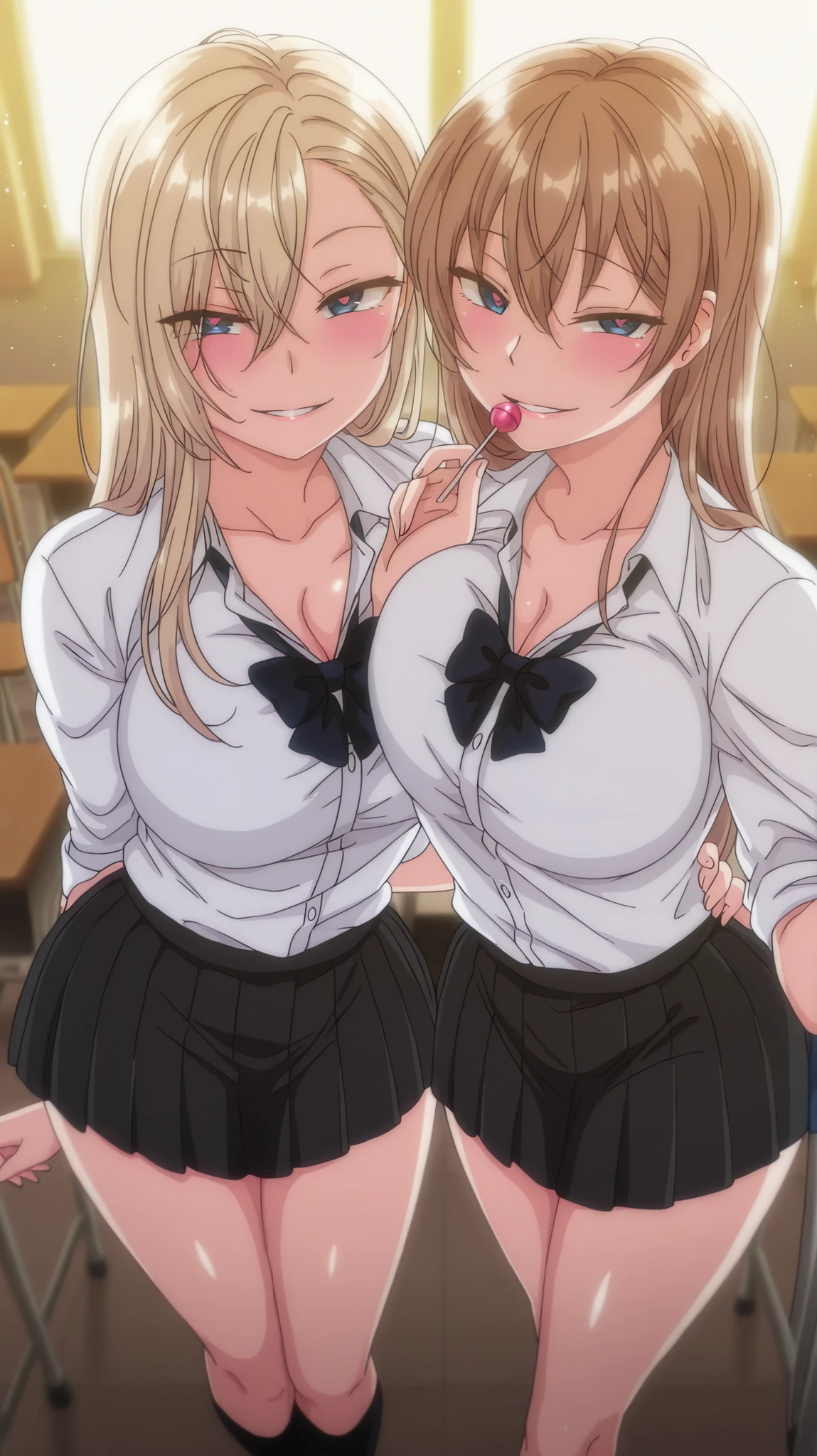 2 girls, kurashiki reigns, long hair, asymmetrical hair, large breasts, blue eyes, blonde hair, smile, narrowed eyes, parted lips, looking at viewer, naughty face, chisa, alone, chisa_IlXL,Brown Hair, slight smile, contrast, looking at viewer, seductive smile, anime coloring, expressive, sensual pose, full body, smiling, masterpiece, best quality, dynamic lighting, seductive smile, naughty, wild, looking at viewer, seductive body, sensual, school uniform detailed hand, detailed background, detailed eyes, flashy eyes, pretty eyes, perfect face, light particles, parted lips, happy, high quality(inside classroom, school desk, school chair,skirt, cholding a lollipop, heart-shaped pupils, blushing, ponytail, lift shirt,