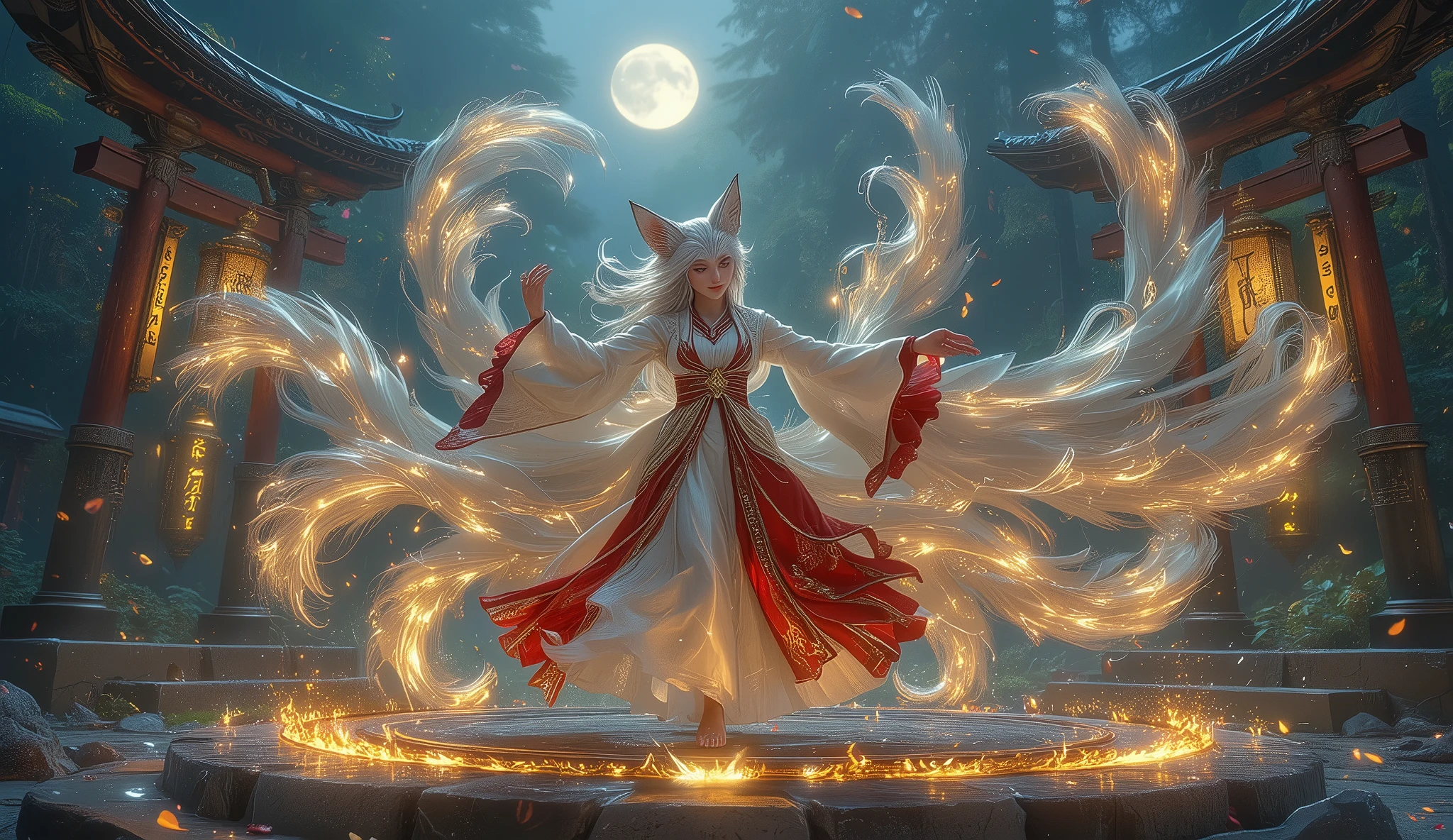 ((Masterpiece, ultra-detailed CG 8K wallpaper, cinematic fantasy lighting)), (a beautiful fox woman in mid-motion, dancing gracefully atop a glowing stone circle under the full moon:1.3), (her nine luminous fox tails swirl around her in arcs of flame and mist, forming a radiant spiral of energy), (long silver hair streaming behind her, fox ears tilted back as her golden eyes glimmer with fierce focus), (her crimson and white kimono flares outward, embroidered with golden runes that shimmer like fire), (ancient torii gates and ethereal lanterns glow faintly in the misty forest surrounding her), (petals and embers drift through the air, her body language powerful yet fluid), aura of divine rhythm, beauty in motion, mystical energy manifesting through her dance.