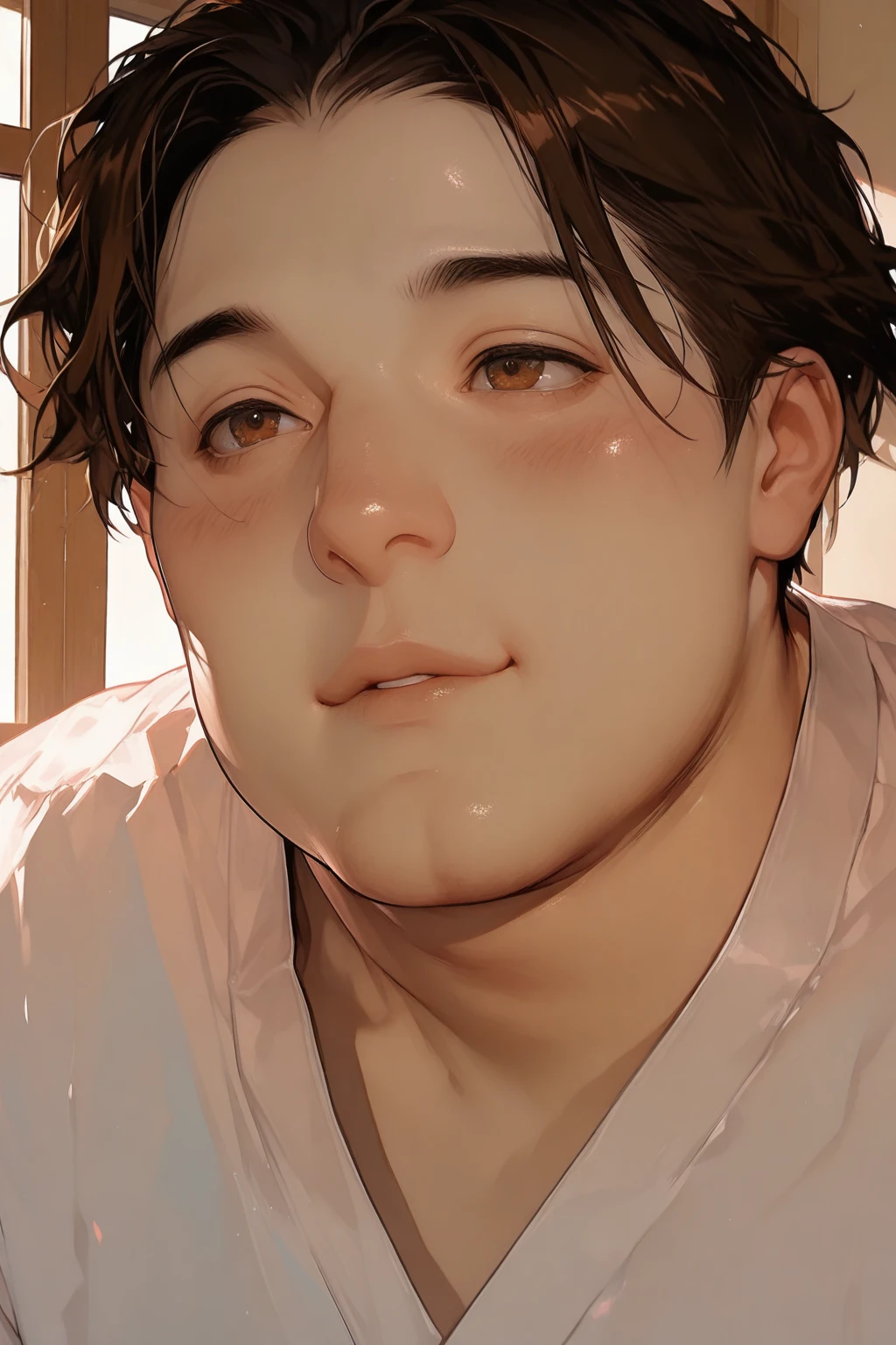 there is a drawing of a man with his eyes closed, halfbody portrait, slightly happy  expression, smooth. digital painting, half body portrait, soft portrait, detailed body and face, detailed but rough, speedpaint, squinting, painted in anime painter studio, 2d portrait, portrait of a crying ai artist, head slightly tilted
