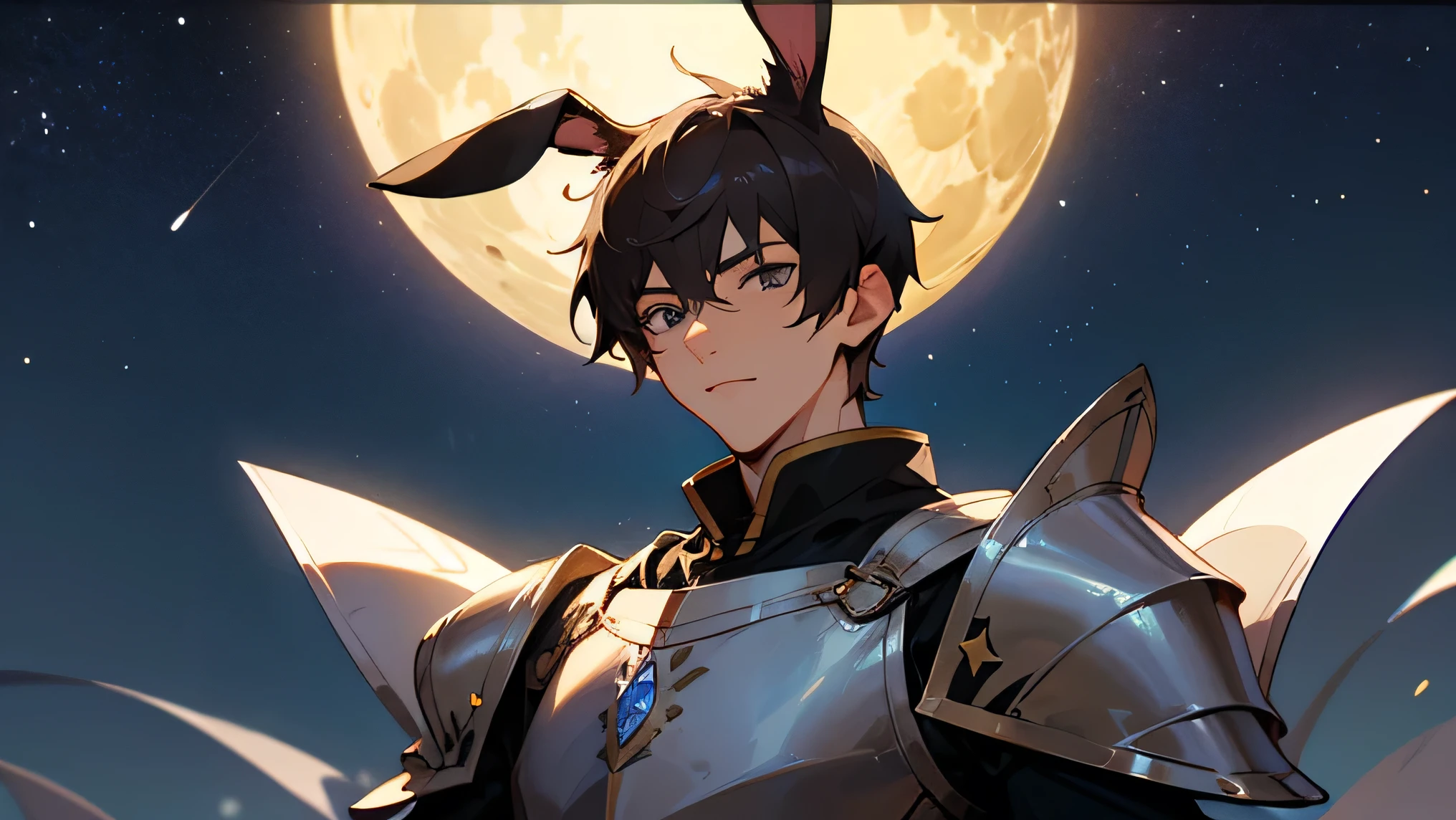 Handsome guy with rabbit ears male short hair dark haired completely naked upper body with armor face bigger oversized full moon and starry sky