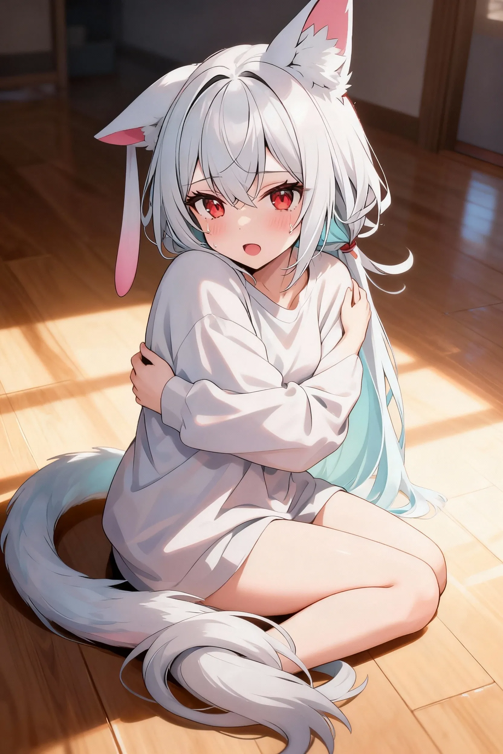 , score_9,score_8_up,score_7_up, source_cartoon, kemono style, an Anthro furry albino lynx girl, white furry body, black lynx spots, black ear tips, short white hair with pink tips on hair, pink highlights in hair, pink eyes, wearing black , , on her knees, full body shot, feet paws, 4 toes, biting her shirt