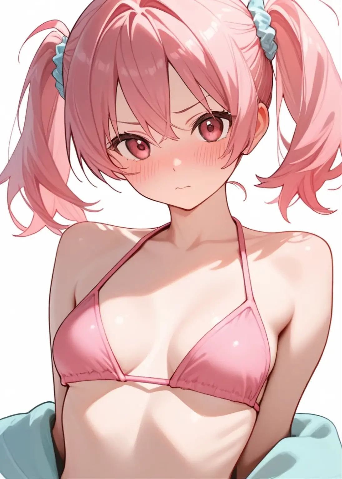 best quality, masterpiece, highres, solo, (mimori_bluearchive:1.10), 1girl, looking at viewer, official alternate costume, white bikini, cleavage, collarbone, navel, simple background, white background, blush, white sarong, smile, closed mouth, bare shoulders, stomach, sidelocks, sitting, wrist scrunchie, 6 <lora:mimori_bluearchive:0.80>