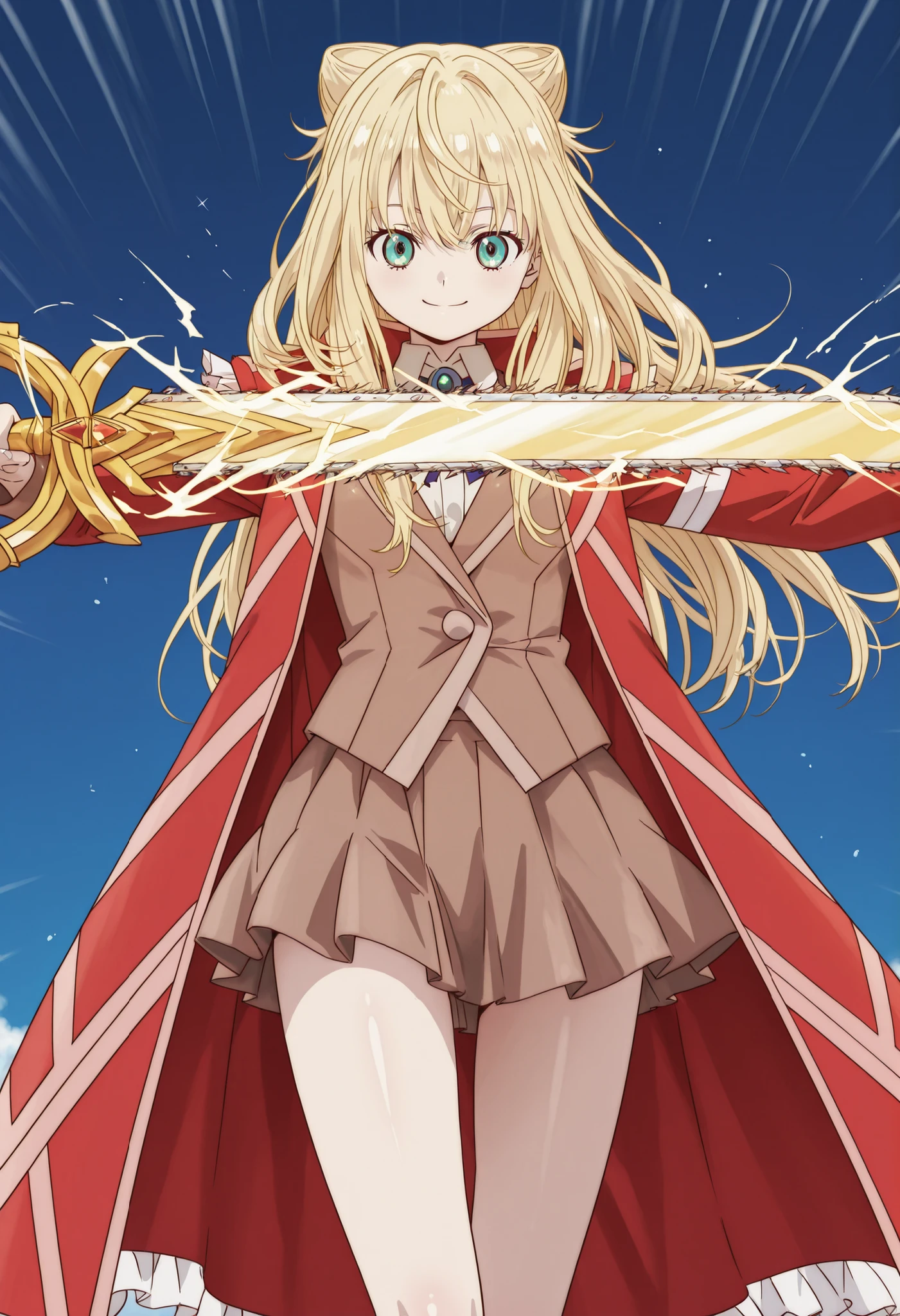 (((SFW、Highest quality、First Class Masterpiece、normal body 、32k、detailed face、super precise、normal hand、Highest)))、Yuri Kawazu/Kawazu Yuri、『Momentary Lily』、Beautiful girl、Blonde、long hair、Blue-green eyes 、Slim、Slender、brown uniform 、茶色mini skirt、red gown jacket、mini skirt、Great Sword Andovari『Tilfang』、Chainsaw Sword、Smile、sword dance 、Jump Slash