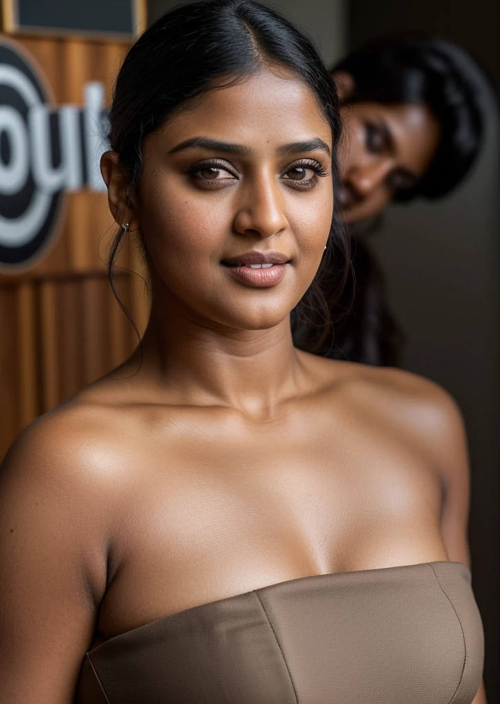 Looks like Anushka Shetty, a photo portrait of a beautiful girl 40 years old, with curls, styled black hair, (face portrait:1.5), dramatic light, Rembrandt lighting scheme, bust shot, linen tank top , top quality editorial photograph, skin texture, skin pores, chocolate skin, high quality skin, top quality photography, professional photography, professional retouching, insane detailing, warm moody tones, modern clothes, 