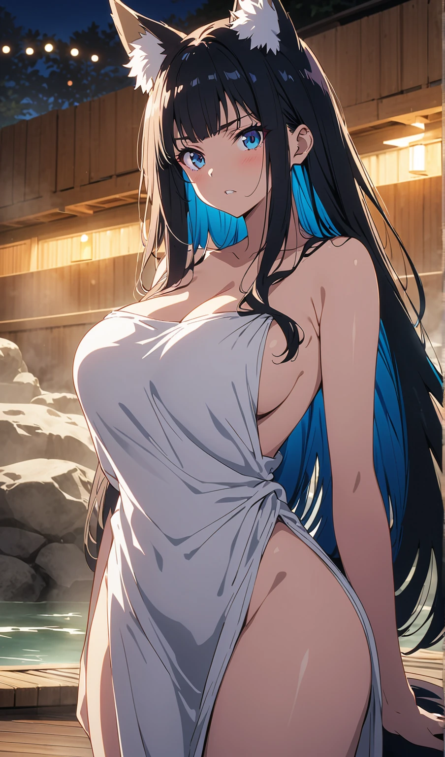 (((masterpiece, Highest quality:1.5,absurdres))),30 year old beauty,(dark blue hair),((very small head:1.2)),long hair,bangs,dark blue eyes,gorgeous eyes,blush、in heat,medium breasts,((very long body:1.4)),((toned body,slender body)),skinny,((tan skin:1.4)),gleaming skin,shiny skin,sweat,((Navy blue camisole、Underboob、navel、Navy blue pleated mini skirt、A rolled up skirt、spread vagina,Love juice、),Navy blue sneakers、kneeling,spread legs:1.3,library、Tokyo、