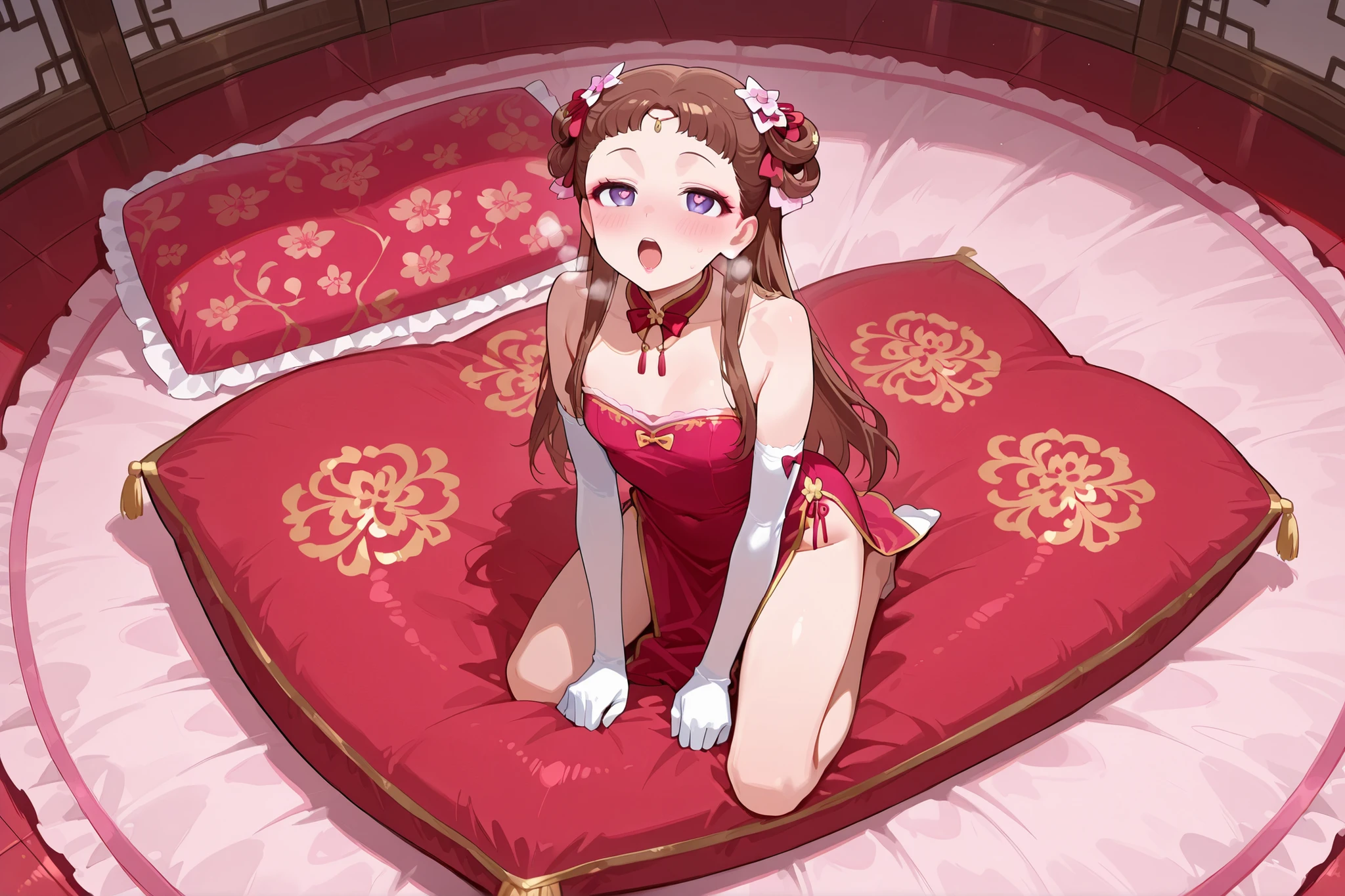 Kusuriya_Lishu, long hair, brown hair, hair ornament, purple eyes, hair bun, double bun, short bangs, makeup, hair ribbon, hair rings, lipstick, blush, bow, bowtie, pink bowtie, breasts,heart-shaped pupils, collarbone, detached collar, hair bow, red bow,heart, heart-shaped pupils, long hair,on bed, open mouth, symbol-shaped pupils, chinese dress, qipao, (score_9:0.9),score_8_up,score_7_up,negative_hand, realistic , lovely small breasts , over elbow glove, satin, 1girl, solo, nsfw, full body, whole body view, open mouth, indoors, luxury room,  floor, on floor, on the floor, pillow, red pillow,frilled pillow, (((red satin pillow))), lace pillow, euro patterned pillow,exquisite pattern pillow, luxury pattern, Pillow on the floor,large pillow, (((giant pillow))), (((oversize pillow))), (((kneeling))) , kneeling on the pillow. sit, sitting on the pillow,  straddling ,on pillow , pillow straddling , pillow grinding ,  cumming on pillow , heavy breathing , wetting pillow , sit, sitting on the pillow , (((kneeling))) , kneeling on the pillow, on pillow (((above view))), view from above,  euro pillow, (((euro-size pillows))), square pillow