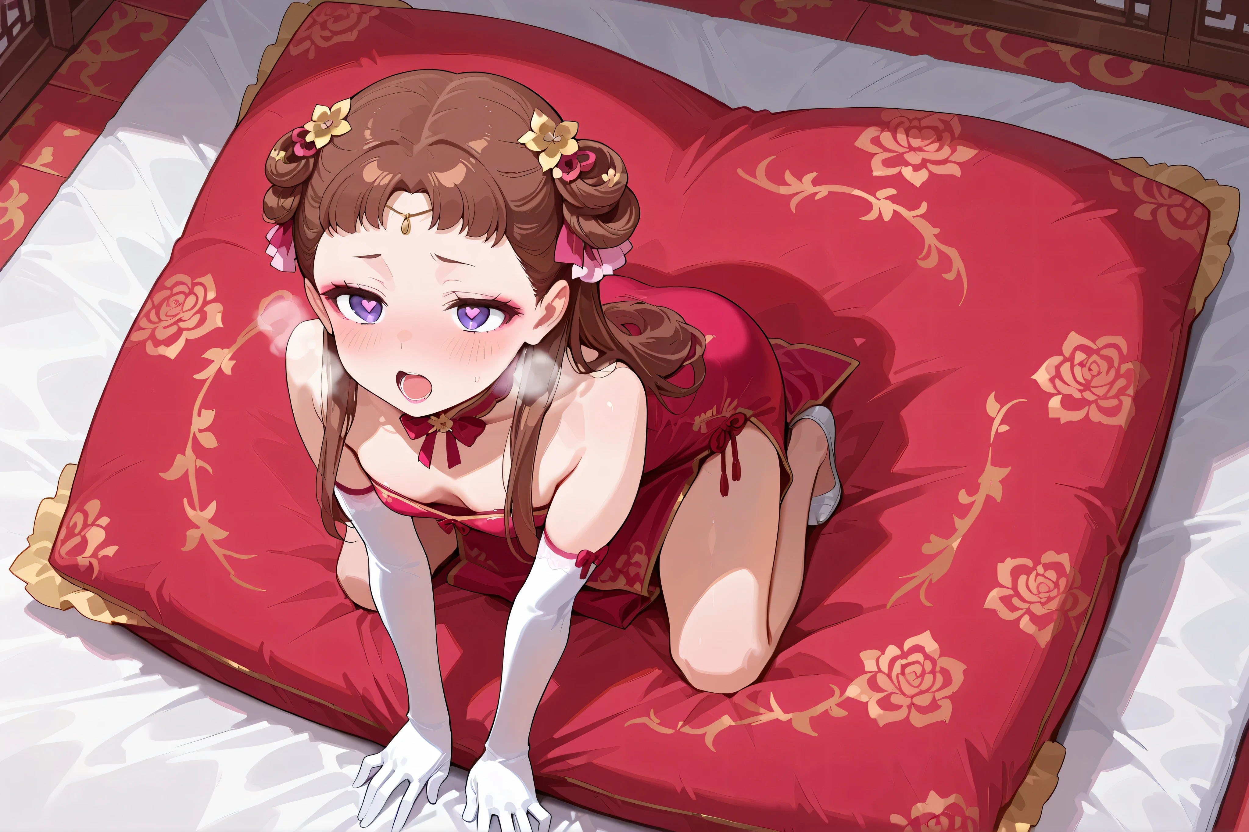 Kusuriya_Lishu, long hair, brown hair, hair ornament, purple eyes, hair bun, double bun, short bangs, makeup, hair ribbon, hair rings, lipstick, blush, bow, bowtie, pink bowtie, breasts,heart-shaped pupils, collarbone, detached collar, hair bow, red bow,heart, heart-shaped pupils, long hair,on bed, open mouth, symbol-shaped pupils, chinese dress, qipao, (score_9:0.9),score_8_up,score_7_up,negative_hand, realistic , lovely small breasts , over elbow glove, satin, 1girl, solo, nsfw, full body, whole body view, open mouth, indoors, luxury room,  floor, on floor, on the floor, pillow, red pillow,frilled pillow, (((red satin pillow))), lace pillow, euro patterned pillow,exquisite pattern pillow, luxury pattern, Pillow on the floor,large pillow, (((giant pillow))), (((oversize pillow))), (((kneeling))) , kneeling on the pillow. sit, sitting on the pillow,  straddling ,on pillow , pillow straddling , pillow grinding ,  cumming on pillow , heavy breathing , wetting pillow , sit, sitting on the pillow , (((kneeling))) , kneeling on the pillow, on pillow (((above view))), view from above,  euro pillow, (((euro-size pillows))), square pillow
