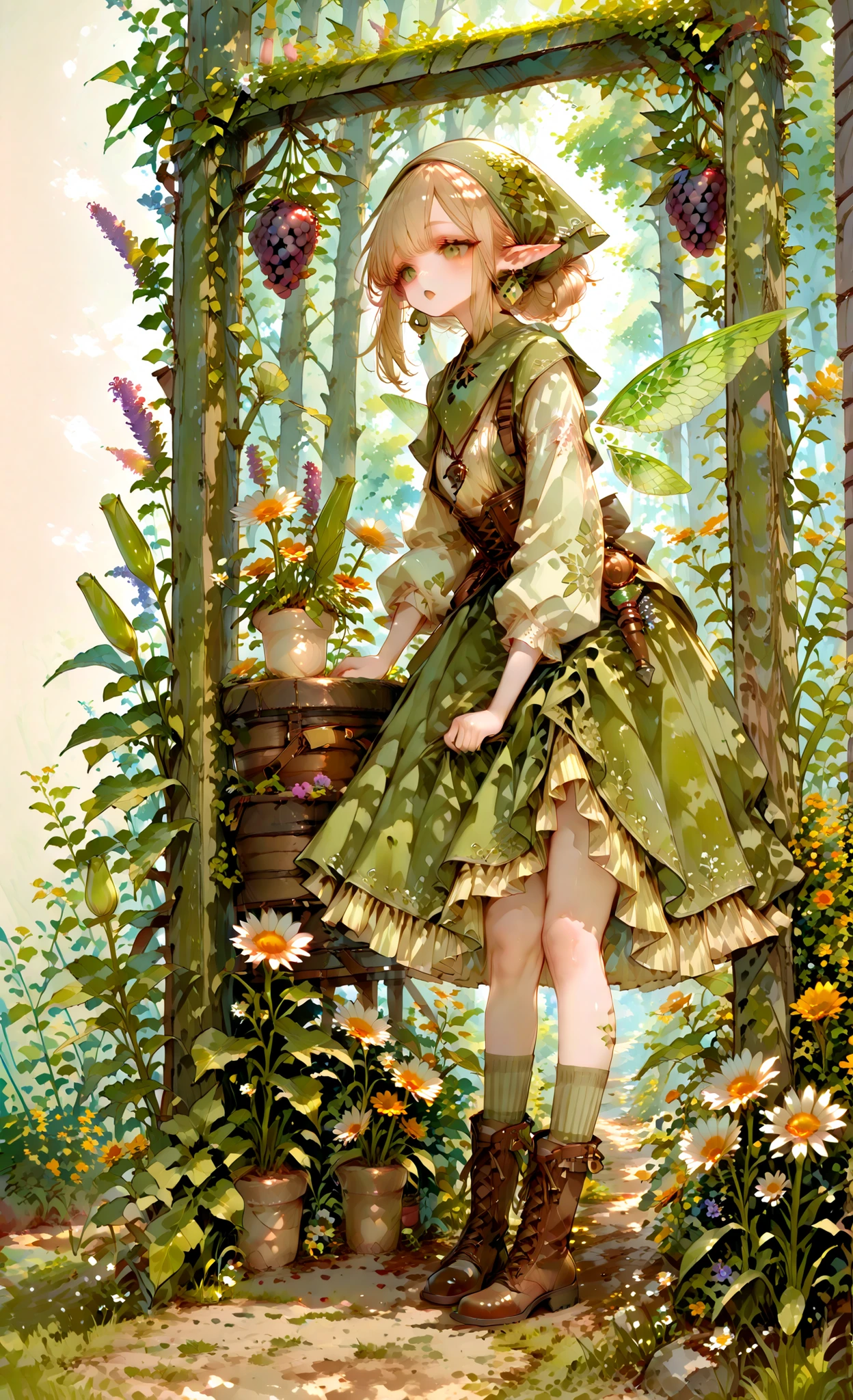 (chibi) Tooth faèrie princess. She has tall, thin miniature physique. She has holographic dragonfly wings. She has pale ivory skin and long pointy elf ears. Her eyes are sky-blue. She has long loose golden-blonde ringlet hairstyle decorated with wildflowers. She is dressed in fantasy medieval style: She wearing a vintage lace undergarment over it a knitted beige top with long elvish sleeves. She's wearing a brown leather corset-belt. She wears a marsh-green long tulip skirt. She's wearing striped beige tattered knee socks, and ankle-high chunky brown lace-up boots with daisies and cornflowers sticking out of boots. She wears human-tooth earrings and a human-tooth pendant. She wearing a green shawl and a head kerchief (headscarf) with nature ornament. (On the background: The outskirts of a magical forest, a hedge of climbing plants, wild grapes and bindweed overgrowth small two-storey rustic cottage in the style of fantasy.)