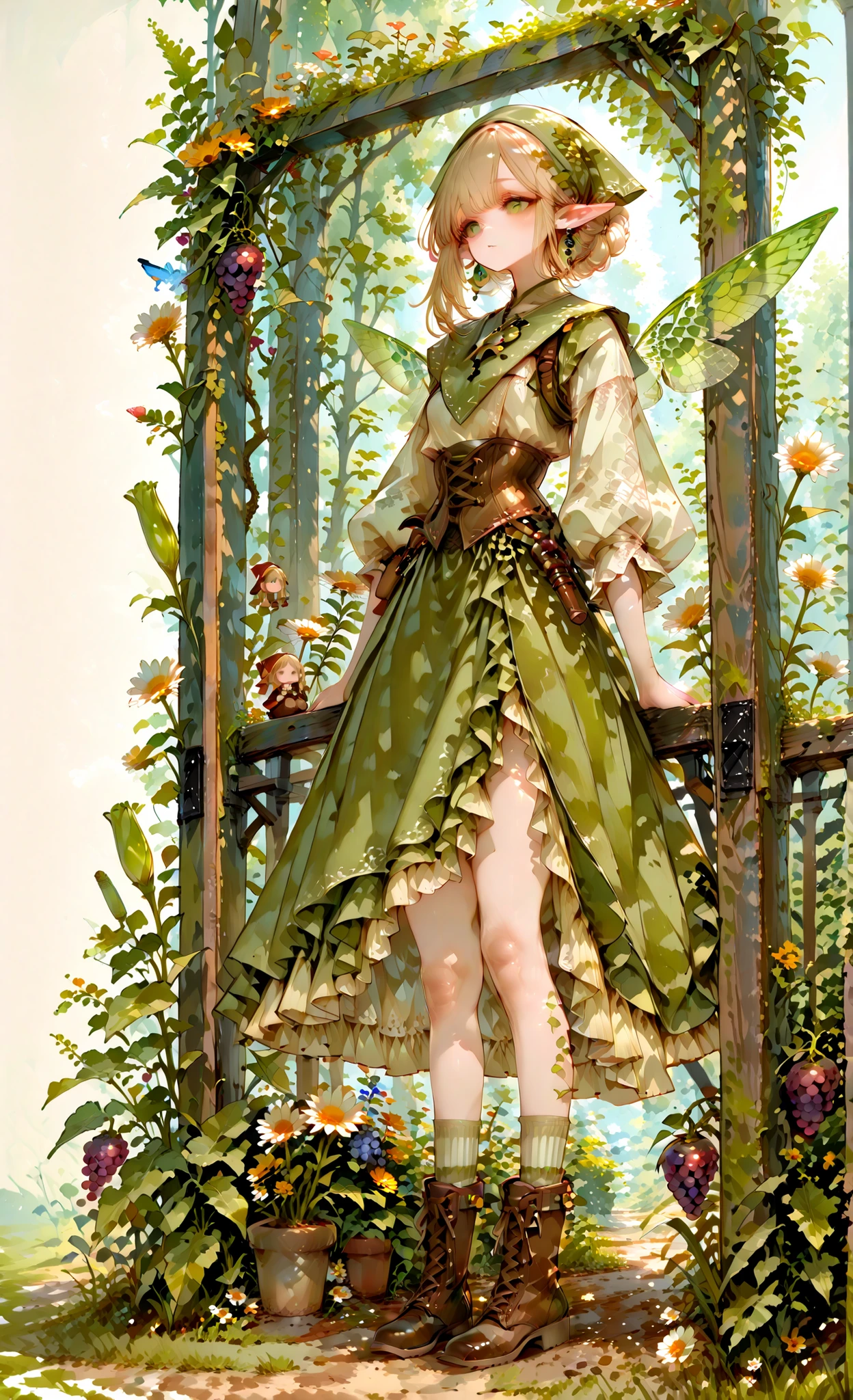 (chibi) Tooth faèrie princess. She has tall, thin miniature physique. She has holographic dragonfly wings. She has pale ivory skin and long pointy elf ears. Her eyes are sky-blue. She has long loose golden-blonde ringlet hairstyle decorated with wildflowers. She is dressed in fantasy medieval style: She wearing a vintage lace undergarment over it a knitted beige top with long elvish sleeves. She's wearing a brown leather corset-belt. She wears a marsh-green long tulip skirt. She's wearing striped beige tattered knee socks, and ankle-high chunky brown lace-up boots with daisies and cornflowers sticking out of boots. She wears human-tooth earrings and a human-tooth pendant. She wearing a green shawl and a head kerchief (headscarf) with nature ornament. (On the background: The outskirts of a magical forest, a hedge of climbing plants, wild grapes and bindweed overgrowth small two-storey rustic cottage in the style of fantasy.)