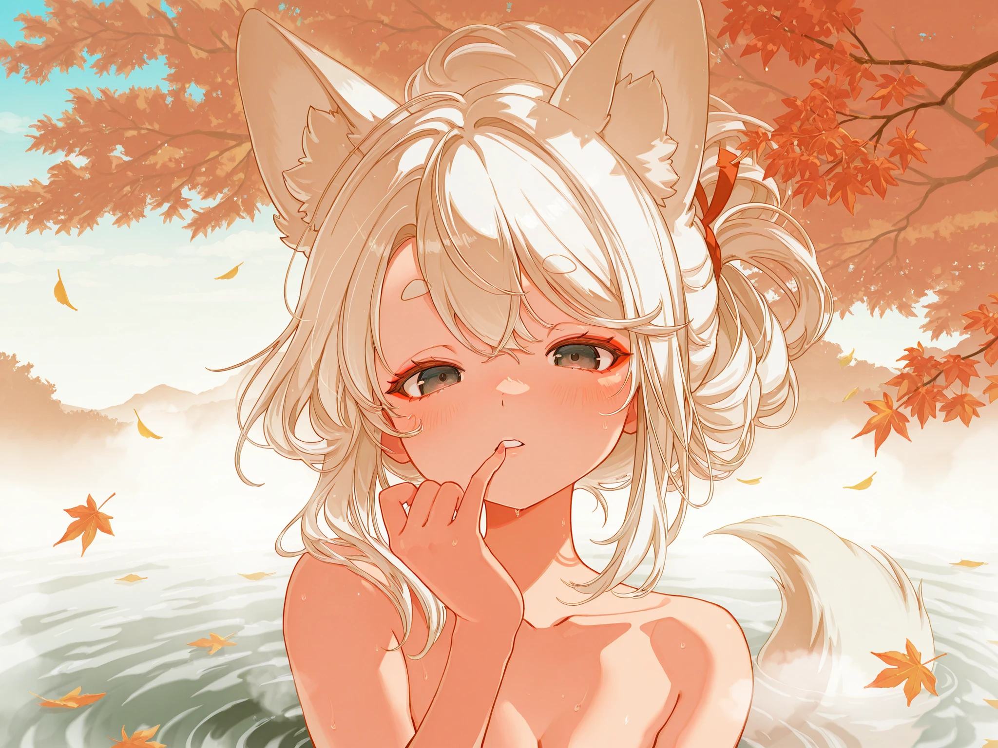 masterpiece.face up shot.Oblique pose, three-quarter face angle, right-side composition, facing to one side,Gaze at the viewer.colorful.
Autumn mountains,sunny sky.deep fog. Falling leaves. Hot springs.
Solo,girl,white hair,Tie hair up.Fox ears,round eyebrows,slanted eyes,red eyeliner.Fox Tail.blushing cheeks.Laugh mischievously. Showing teeth.Put a finger to your mouth.
Soak in a hot spring.From the collarbone down you are in a hot spring.beautiful water expression.Expressing depth