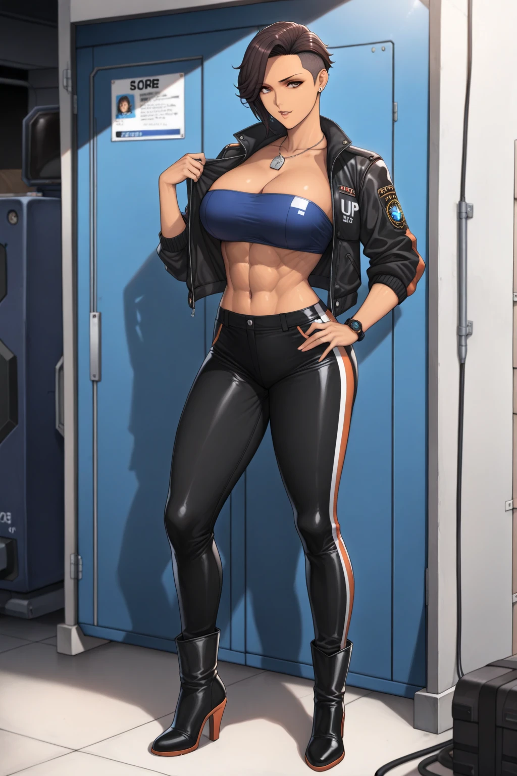 Aishwarya rai as fighter pilot, tight denim jeans with unzipped black open jacket, knee high boots, ((catwalk in airstrip)), bright day scene, athletic curvaceous hourglass figure, (((medium sized ?????))), massive cleavage, look at camera and smile, ((bob cut blowing hair)), ((???? 50 yo MILF figure)), soft volumetric lights, intricate details, (ArtStation:1.2)