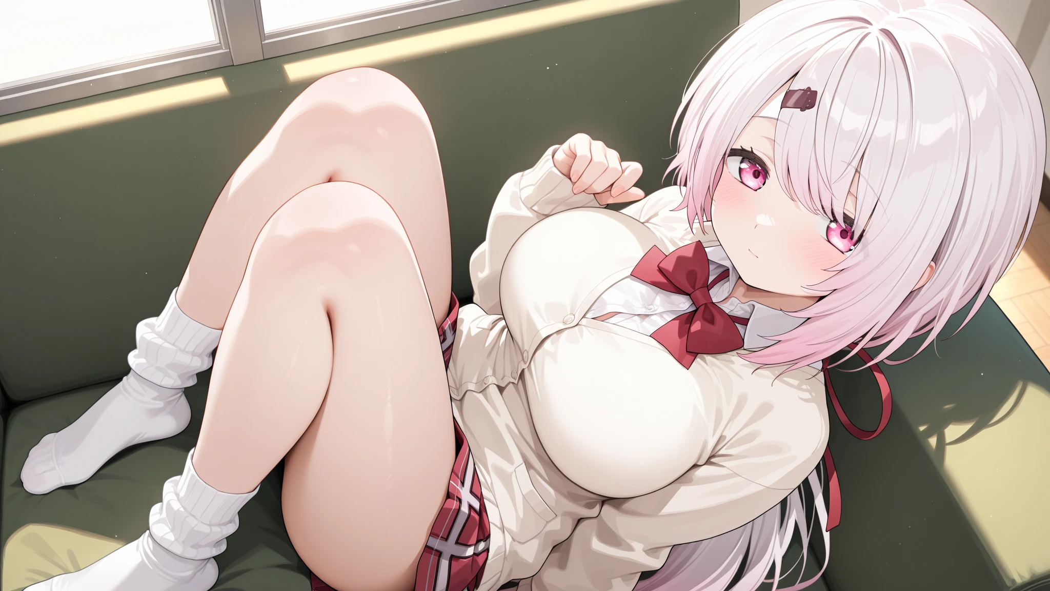 masterpiece, high quality, <lora:Alice_Human:1> 1girl, solo, THG-Alice, long hair, white hair, red eyes, white serafuku, white sailor collar, sitting, spread legs, m legs, pink panties, blush, cowboy shot