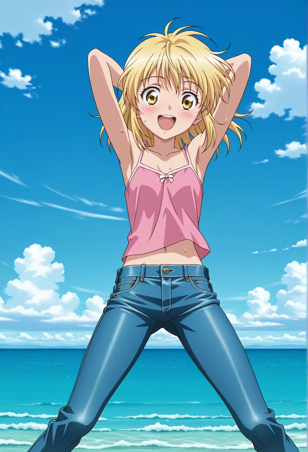 score_9, score_8_up, score_7_up, source_anime, highres, hi res, ((best quality, top quality, perfect quality, Highest Quality, amazing quality)), {{masterpiece}}, {{an extremely delicate and beautiful}}, 2d, intricate details, official style, anime, 8k, anime style, official_anime, official art, digital painting, cell shading, soft shading, high resolution, soothing tones, Subdued Color, Soft cinematic light, adobe lightroom, photolab, HDR, intricately and hyper-detailed, ((high quality animation)), 1 girl, Alone, solo, ((ocean)), tsunami, on the water, day, sunny, outdoors, sky, windy, Cleao Everlasting, yellow eyes, blonde hair, short hair, anime screencap, small breasts, pink camisole top, crop top, pink crop top, best quality, hyper-detailed jeans, ((blue jeans:1.9)), (dark blue jeans:0.6), full medium body, medium shot, Open mouth, smiling, happy face, blush, sweat, standing, ((arms behind head:6.0)), bowlegged, jumping pose, action, looking at viewer, spread legs, Bend knees slightly, straight-on front view