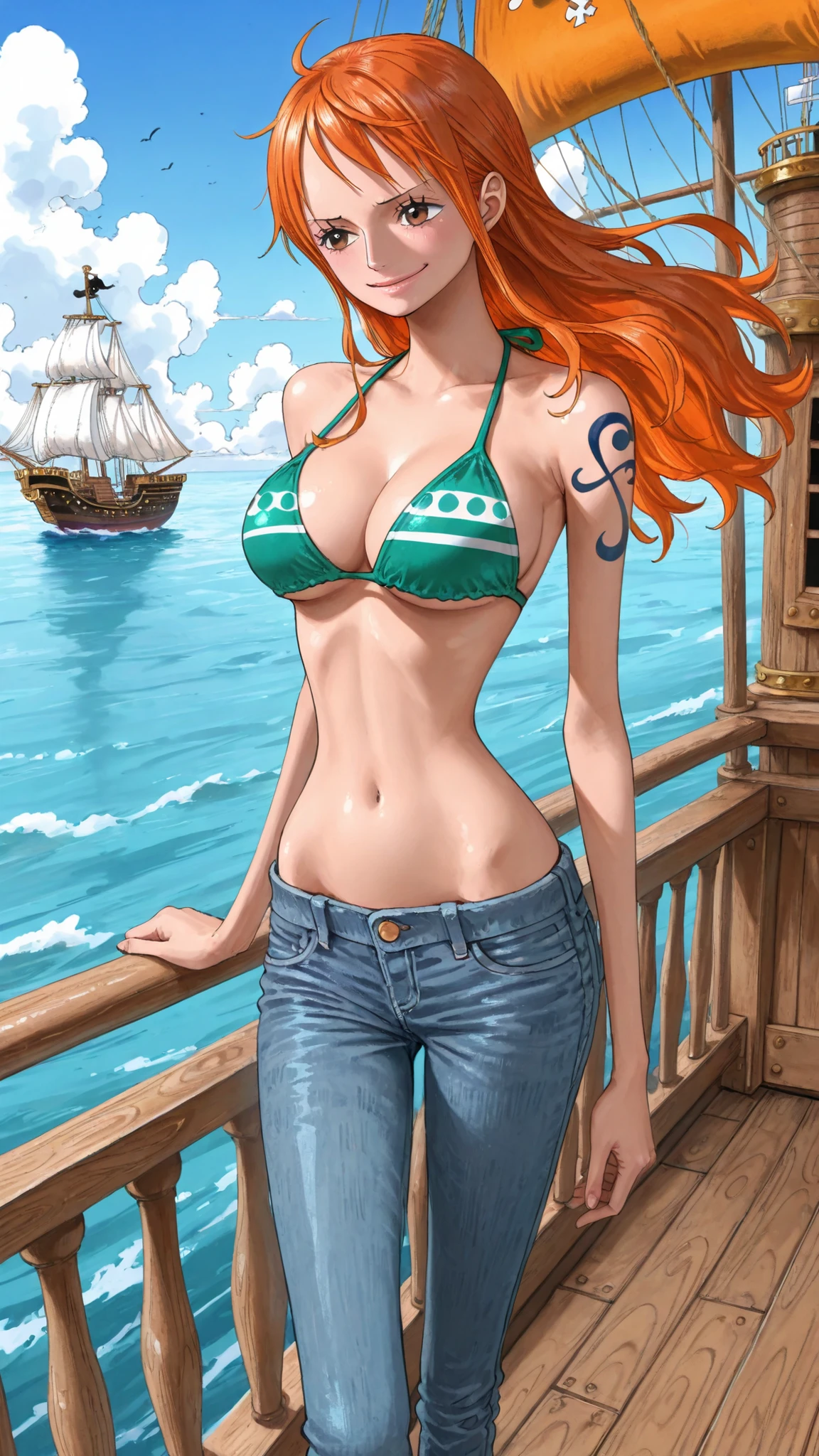 (masterpiece,best quality:1.2,amazing quality,very aesthetic, absurdres, newest), (full coloring), official style,(nami ,one piece),1girl,solo,(skinny:1.2), medium breasts,long hair,shy smile,green bikini,denim pants, low-rise pants ,standing,deck of Pirate ship ,wind,daytime,