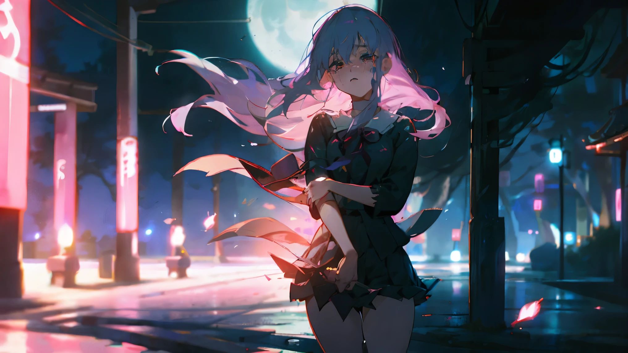 A beautiful anime girl standing alone at night, under soft blue moonlight. Her long pink hair waves slightly in the wind, her eyes filled with sadness and obsession. She holds her phone close to her , tears starting to fall as she waits for a reply. She wears a white blouse with a red ribbon and a dark pleated skirt, a classic Japanese school uniform. The background shows a dim street with blurred lights, giving a lonely, emotional atmosphere. The tone is melancholic, romantic, and slightly yandere. soft glow, cinematic lighting, high quality, expressive eyes, anime illustration.高画質、超詳細