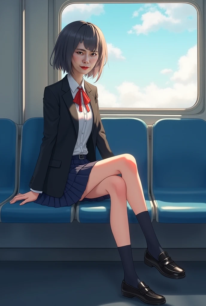 1girl, blushing, smile, high resolution, 4K, solo, beautiful Japanese high school girl, detailed eyes, detailed cute face, puffy cheek, look for another side, sweat, navy blue blazer, white blouse, a red ribbon, navy blue pleated skirt, black sox, loafers, ((brown hair)), middle breast, sitting on train seat, (wide hip:1.4), detailed glossy (thick thigh:1.3), focused on skirt, panties (slightly:0.7) visible, both hands on skirt, (from front:1.2), school bag on train seat, perfect lighting, perfect brightness, vivid colors reflects, (((Macro))), close up shot : 1.8, (((from above:1.8))), 