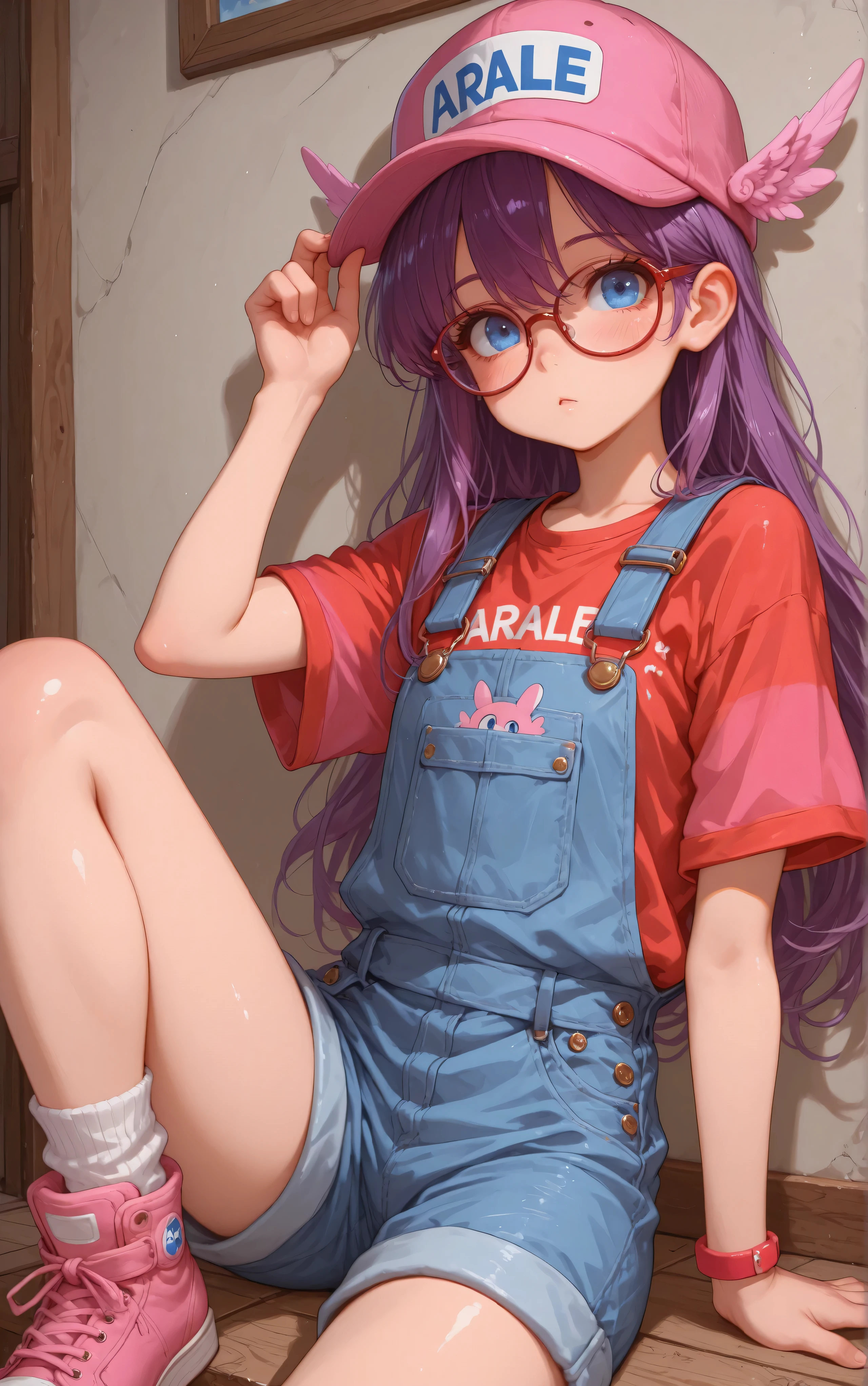 (masterpiece, detailed:1.2),arale,glasses, long hair, purple hair, pink winged baseball cap, blue eyes,overalls,red shirt, short sleeves,pink shoes,solo,白背景