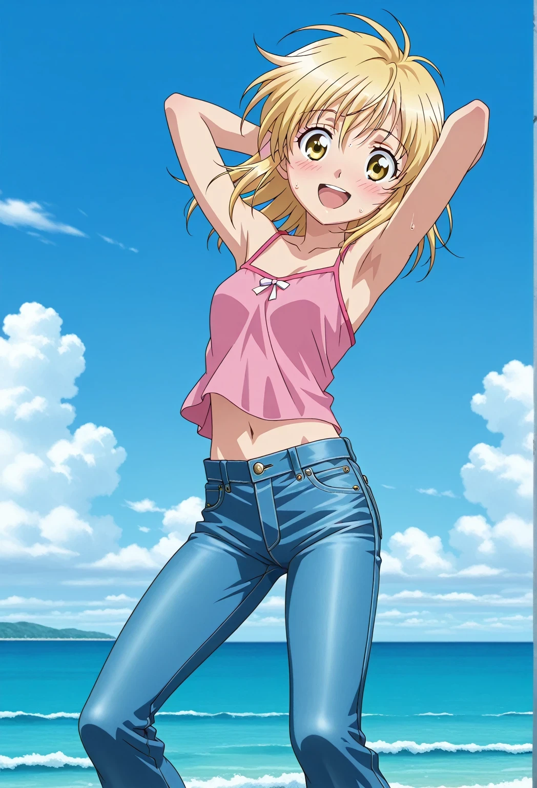 score_9, score_8_up, score_7_up, source_anime, highres, hi res, ((best quality, top quality, perfect quality, Highest Quality, amazing quality)), {{masterpiece}}, {{an extremely delicate and beautiful}}, 2d, intricate details, official style, anime, 8k, anime style, official_anime, official art, digital painting, cell shading, soft shading, high resolution, soothing tones, Subdued Color, Soft cinematic light, adobe lightroom, photolab, HDR, intricately and hyper-detailed, ((high quality animation)), 1 girl, Alone, solo, ((ocean)), tsunami, on the water, day, sunny, outdoors, sky, windy, Cleao Everlasting, yellow eyes, blonde hair, short hair, anime screencap, small breasts, pink camisole top, crop top, pink crop top, best quality, hyper-detailed jeans, ((blue jeans:1.9)), (dark blue jeans:0.6), full medium body, medium shot, Open mouth, smiling, happy face, blush, sweat, standing, ((arms behind head:6.0)), bowlegged, jumping pose, action, looking at viewer, spread legs, Bend knees slightly, straight-on front view