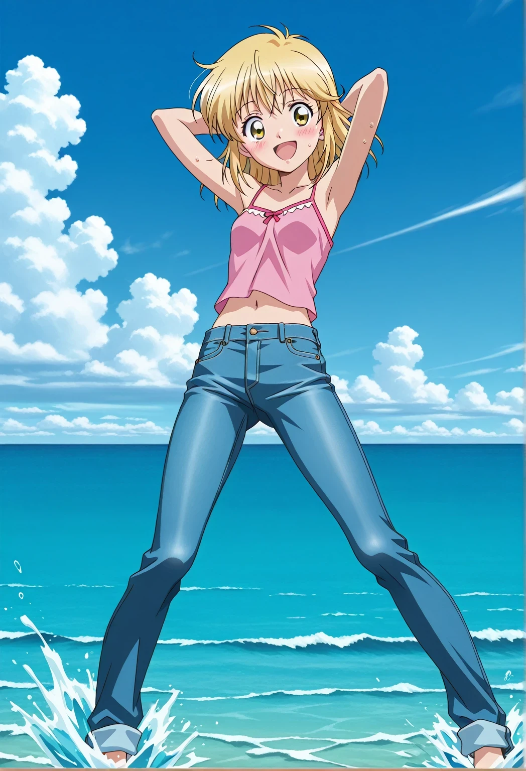 score_9, score_8_up, score_7_up, source_anime, highres, hi res, ((best quality, top quality, perfect quality, Highest Quality, amazing quality)), {{masterpiece}}, {{an extremely delicate and beautiful}}, 2d, intricate details, official style, anime, 8k, anime style, official_anime, official art, digital painting, cell shading, soft shading, high resolution, soothing tones, Subdued Color, Soft cinematic light, adobe lightroom, photolab, HDR, intricately and hyper-detailed, ((high quality animation)), 1 girl, Alone, solo, ((ocean)), tsunami, on the water, day, sunny, outdoors, sky, windy, Cleao Everlasting, yellow eyes, blonde hair, short hair, anime screencap, small breasts, pink camisole top, crop top, pink crop top, best quality, hyper-detailed jeans, ((blue jeans:1.9)), (dark blue jeans:0.6), full medium body, medium shot, Open mouth, smiling, happy face, blush, sweat, standing, ((arms behind head:6.0)), bowlegged, jumping pose, action, looking at viewer, spread legs, Bend knees slightly, straight-on front view