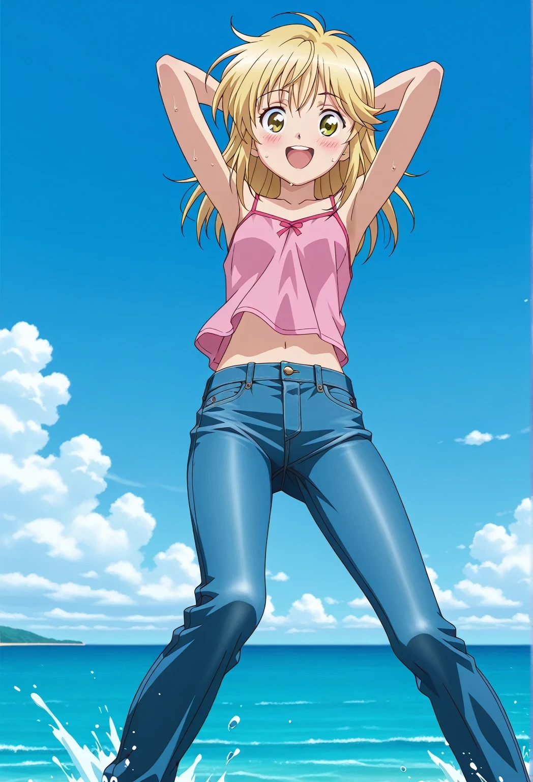 score_9, score_8_up, score_7_up, source_anime, highres, hi res, ((best quality, top quality, perfect quality, Highest Quality, amazing quality)), {{masterpiece}}, {{an extremely delicate and beautiful}}, 2d, intricate details, official style, anime, 8k, anime style, official_anime, official art, digital painting, cell shading, soft shading, high resolution, soothing tones, Subdued Color, Soft cinematic light, adobe lightroom, photolab, HDR, intricately and hyper-detailed, ((high quality animation)), 1 girl, Alone, solo, ((ocean)), tsunami, on the water, day, sunny, outdoors, sky, windy, Cleao Everlasting, yellow eyes, blonde hair, medium hair, anime screencap, small breasts, pink camisole top, crop top, pink crop top, best quality, hyper-detailed jeans, ((blue jeans:1.9)), (dark blue jeans:0.6), full medium body, medium shot, Open mouth, smiling, happy face, blush, sweat, standing, ((arms behind head:6.0)), bowlegged, jumping pose, action, looking at viewer, spread legs, Bend knees slightly, straight-on front view