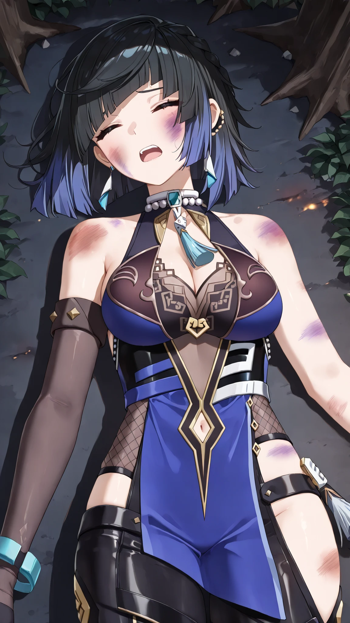 highres, absurdres,cowboy shot,1girl,solo,yelan, black hair, blue hair, eyebrows hidden by hair,closed eyes, multicolored hair, short hair,bare shoulders, black gloves, chinese clothes, cleavage, elbow gloves, jewelry, necklace,night,forest,lying,on back,furrowed brow,(excessive bruise, bruised skin, contusion in face,fainting:1.3),open mouth,
