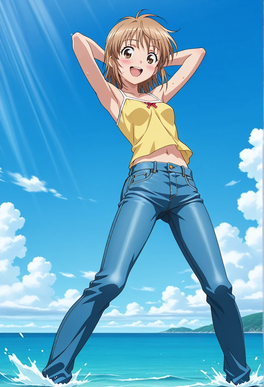 score_9, score_8_up, score_7_up, source_anime, highres, hi res, ((best quality, top quality, perfect quality, Highest Quality, amazing quality)), {{masterpiece}}, {{an extremely delicate and beautiful}}, 2d, intricate details, official style, anime, 8k, anime style, official_anime, official art, digital painting, cell shading, soft shading, high resolution, soothing tones, Subdued Color, Soft cinematic light, adobe lightroom, photolab, HDR, intricately and hyper-detailed, ((high quality animation)), 1 girl, Alone, solo, ((ocean)), tsunami, on the water, day, sunny, outdoors, sky, windy, Cleao Everlasting, brown eyes, brown hair, short hair, anime screencap, small breasts, yellow camisole top, crop top, yellow crop top, best quality, hyper-detailed jeans, ((blue jeans:1.9)), (dark blue jeans:0.6), full medium body, medium shot, Open mouth, smiling, happy face, blush, sweat, standing, ((arms behind head:6.0)), bowlegged, jumping pose, action, looking at viewer, spread legs, Bend knees slightly, straight-on front view