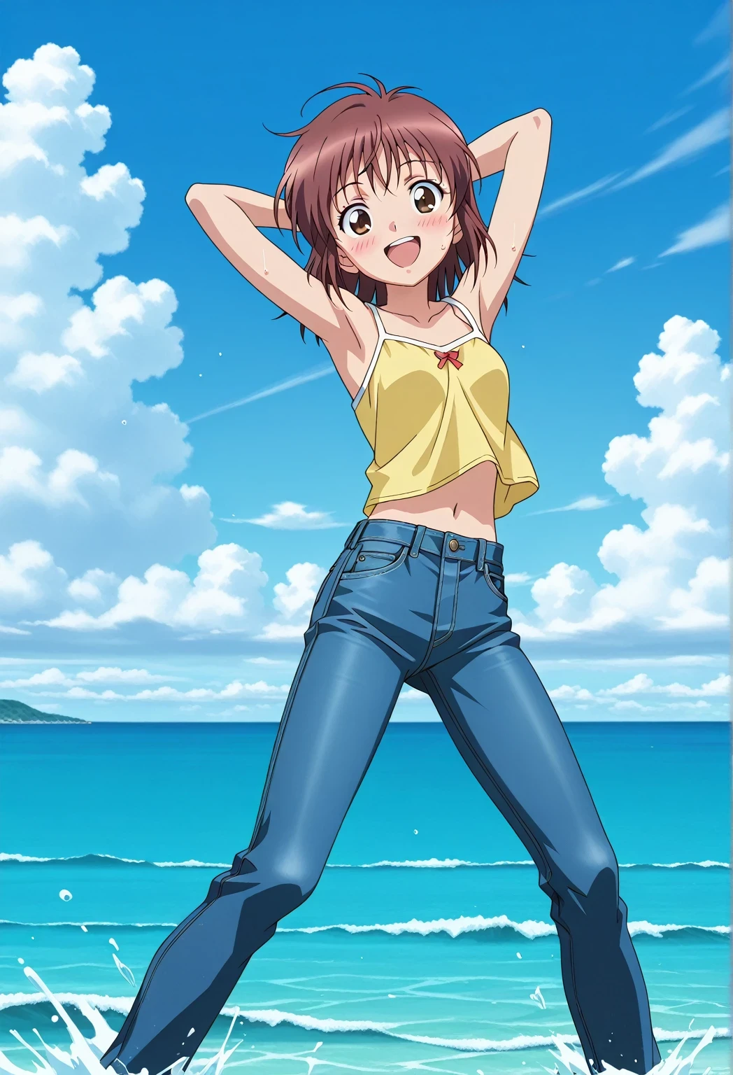 score_9, score_8_up, score_7_up, source_anime, highres, hi res, ((best quality, top quality, perfect quality, Highest Quality, amazing quality)), {{masterpiece}}, {{an extremely delicate and beautiful}}, 2d, intricate details, official style, anime, 8k, anime style, official_anime, official art, digital painting, cell shading, soft shading, high resolution, soothing tones, Subdued Color, Soft cinematic light, adobe lightroom, photolab, HDR, intricately and hyper-detailed, ((high quality animation)), 1 girl, Alone, solo, ((ocean)), tsunami, on the water, day, sunny, outdoors, sky, windy, Cleao Everlasting, brown eyes, brown hair, short hair, anime screencap, small breasts, yellow camisole top, crop top, yellow crop top, best quality, hyper-detailed jeans, ((blue jeans:1.9)), (dark blue jeans:0.6), full medium body, medium shot, Open mouth, smiling, happy face, blush, sweat, standing, ((arms behind head:6.0)), bowlegged, jumping pose, action, looking at viewer, spread legs, Bend knees slightly, straight-on front view