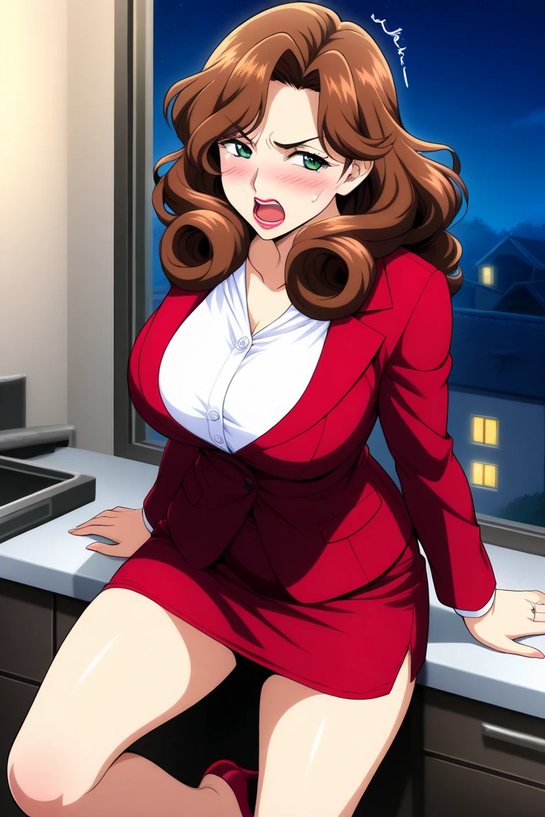 ((high detailed, best quality, 4k, masterpiece, hd:1.3)), landscape, (in wooden sauna), indoors, Princess Daisy, hands on glass, body on glass, window fog, water drop, (front at viewer), neon blue eyes, BREAK blue eyes, , attractive,  smile, smiling, smooth anime cg art, 36C , long legs, vivid colors, detailed digital art, slim body, perfect skin, dark red hair, long hair, dark hair, red hair, BREAK crown, cleavage, 36C cleavage, looking at viewer, BREAK looking at viewer, extremely detailed face, black necktie, tight red skirt, red suit, red jacket, black shirt, red pencil skirt, mini red skirt, full body, (red high heels), earrings, gem, dark black makeup lips, dark gothic eyeshadows, dark eyeshadows, black eyeshadows, black  lips, black lips, (dark:1.2), dark lips, very dark lips, (perfect hands, perfect ), black makeup, black medium lips, black thick lips, detailed fingers, five fingers per hand, 5 fingers, (1 girl), detailed lips, detailed black lips, black painted lips, gothic painted lips, (), ( out:1.3),