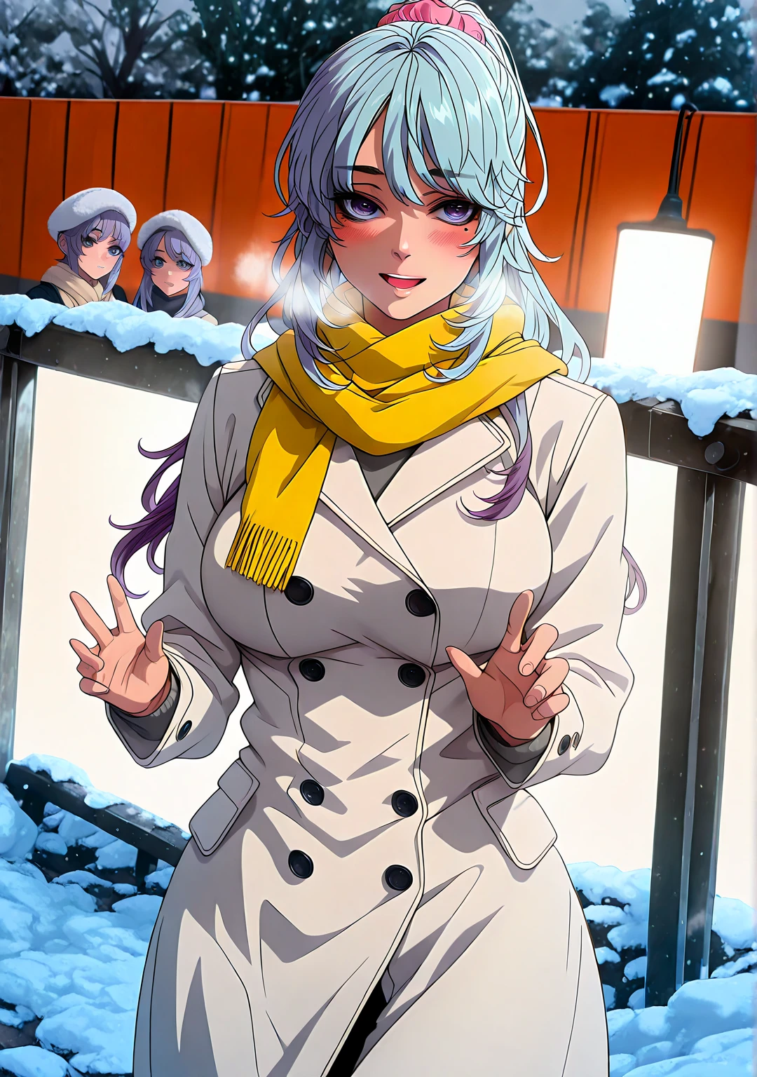 L_Cation2, Sakuranotomoru, Hgk, (yoshio_(55level)-style:1.2), (imizu_(nitro_unknown)-style:1.4), (packge-style:1.2), (cis05-style:1.4), (mature female:1.4), (voluptuous:1.4), (cellulite:1.3), anime coloring, ((Cinematic, unreal engine, eye-catching, ambient occlusion, UHD, masterpiece)), ((perfect lighting, dim lighting)), comic, score_9, score_8_up, score_7_up, score_6_up, score_5_up, score_4_up, uncensored, detailed background, vignetting, high quality, absurdres, best quality, very aesthetic, newest, digital art, trending on ArtStation, ((anatomical correct)), perfect body, perfect eyes, perfect fingers, gasping, heavy breathing, gasping profusely, ((skindentation)), ((curvy)), high ponytail, long hair, multicolored hair, light blue hair, purple hair, purple eyes, mole under eye, hair scrunchie, pink scrunchie, plump, 1girl, scarf, solo, hat, smile, coat, chromatic_aberration, blush, breasts, facing_viewer, white_coat, pantyhose, winter_clothes, long_sleeves, yellow_scarf, outdoors, buttons, blurry, hands_up, fur_hat, blurry_background, white_headwear, open_mouth, cold, breeze