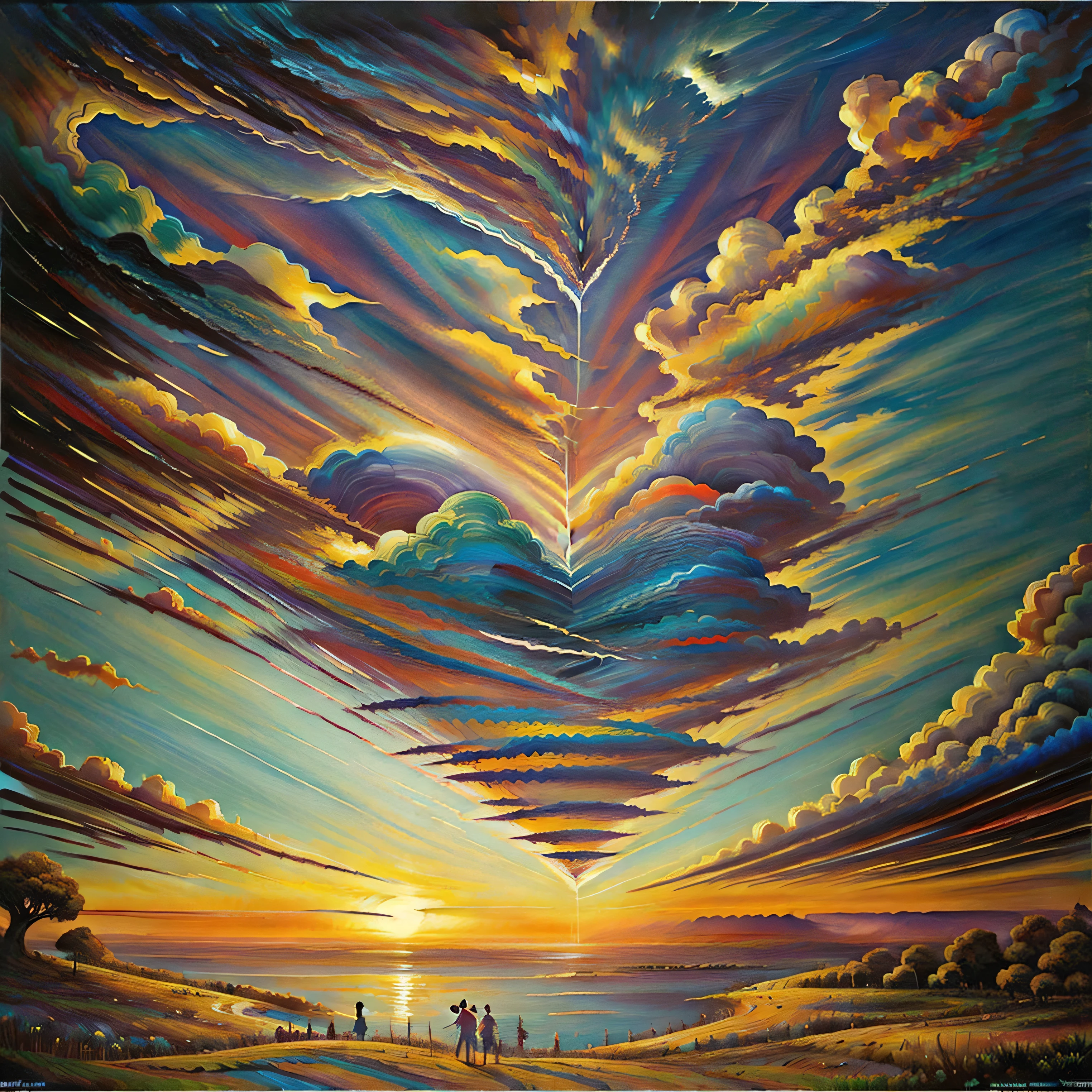An oil painting style piece of art. A colorful atmospheric phenomenon of a heart-shaped formation of colors in the sky being taken away by colorful clouds that have adhered to it. Ultra-realistic, oil paint media, strange dark coloration station, whimsical wired weirdcore, backward reflections, macabre detection, fantasy art.