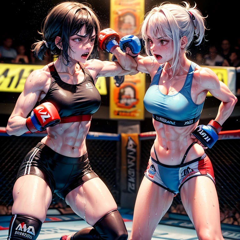 They are covered in blood. Small . Intense . The opponent's fists are digging into your body. They are glaring at each other. The opponent's face is contorted by his punch. Dynamic action. She is suffering. She is cornered in a wire net and severely beaten by her opponent. She is wearing a sports bra and high-leg panties. Her opponent tries to kill her with a powerful punch. The two are exhausted. Two young and beautiful Japanese mixed martial artists are fighting in the octagon. They are pounding their fists into their opponents' bodies.  They are open-mouthed, drooling, one eye closed, gasping for breath. They are sweating profusely. Short-cut black hair. Open-fingered gloves.  . 