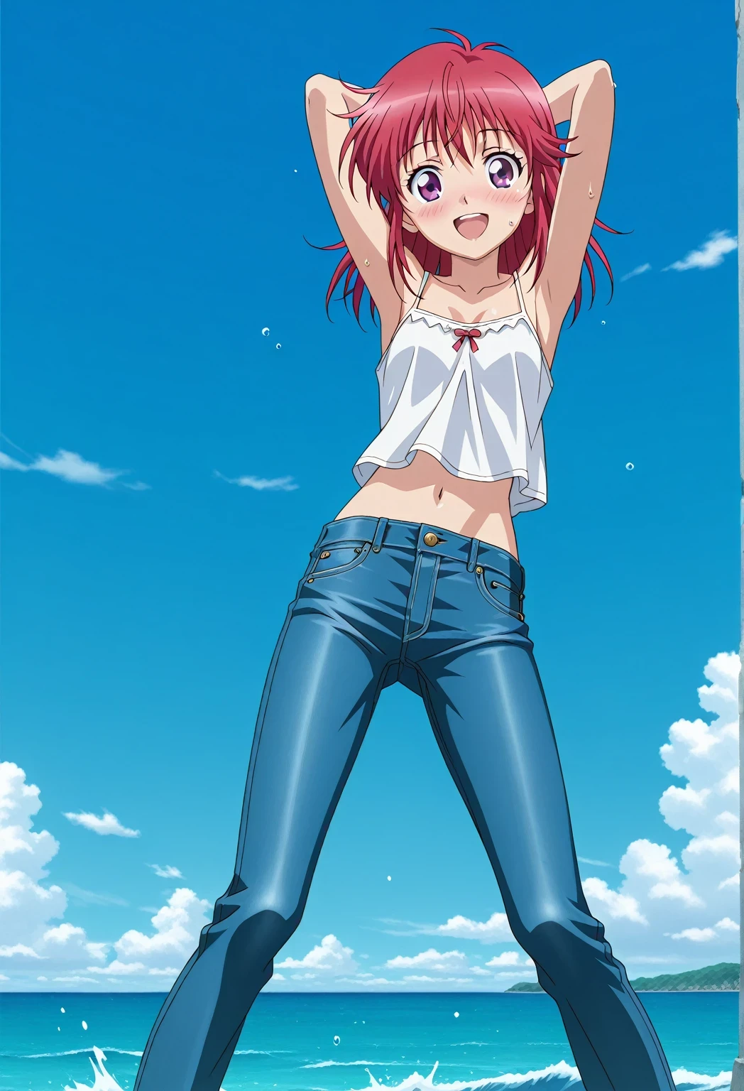score_9, score_8_up, score_7_up, source_anime, highres, hi res, ((best quality, top quality, perfect quality, Highest Quality, amazing quality)), {{masterpiece}}, {{an extremely delicate and beautiful}}, 2d, intricate details, official style, anime, 8k, anime style, official_anime, official art, digital painting, cell shading, soft shading, high resolution, soothing tones, Subdued Color, Soft cinematic light, adobe lightroom, photolab, HDR, intricately and hyper-detailed, ((high quality animation)), 1 girl, Alone, solo, ((ocean)), tsunami, on the water, day, sunny, outdoors, sky, windy, Cleao Everlasting, purple eyes, red hair, medium hair, anime screencap, small breasts, white camisole top, crop top, white crop top, best quality, hyper-detailed jeans, ((blue jeans:1.9)), (dark blue jeans:0.6), full medium body, medium shot, Open mouth, smiling, happy face, blush, sweat, standing, ((arms behind head:6.0)), bowlegged, jumping pose, action, looking at viewer, spread legs, Bend knees slightly, straight-on front view