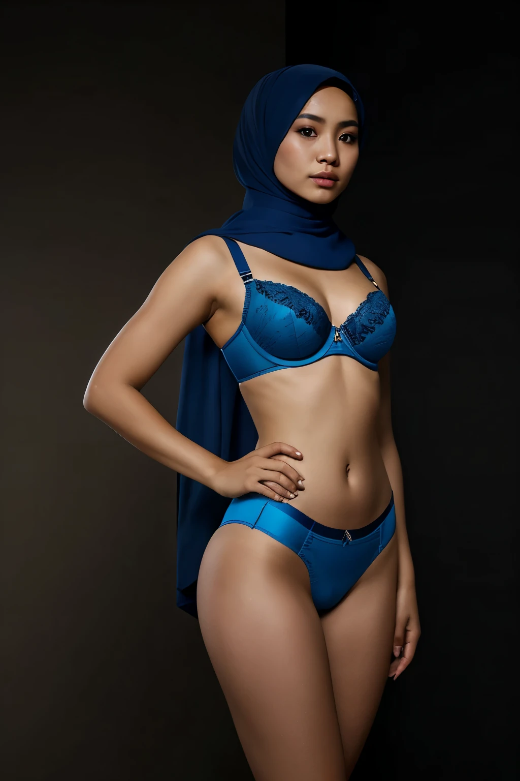 ,(masterpiece, high quality, photorealistic, 8K, UHD) A realistic photo of (Indonesia girl in hijab:1.4), medium breast, fair skin tones, hourglass body shape, subtle make up, details skin textures, (pose: Standing hand on hips:1.3), looking at viewer BREAK ( dark simple background:1.2),  She is wearing (blue bra and low-waist matching panties:1.2) BREAK high contrast,  soft shadows (rim, key, soft light:1.3) to sculpt her figure, Full body  shot, view from front, taken with DSLR camera, 35mm lens, shallow depth of field, ultra-detailed
