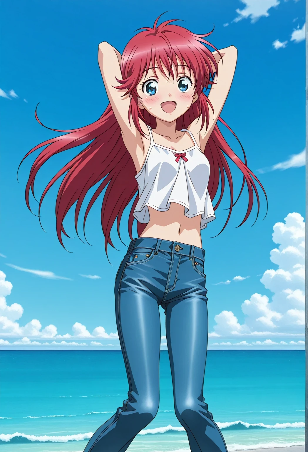 score_9, score_8_up, score_7_up, source_anime, highres, hi res, ((best quality, top quality, perfect quality, Highest Quality, amazing quality)), {{masterpiece}}, {{an extremely delicate and beautiful}}, 2d, intricate details, official style, anime, 8k, anime style, official_anime, official art, digital painting, cell shading, soft shading, high resolution, soothing tones, Subdued Color, Soft cinematic light, adobe lightroom, photolab, HDR, intricately and hyper-detailed, ((high quality animation)), 1 girl, Alone, solo, ((ocean)), tsunami, on the water, day, sunny, outdoors, sky, windy, Cleao Everlasting, blue eyes, red hair, long hair, anime screencap, small breasts, white camisole top, crop top, white crop top, best quality, hyper-detailed jeans, ((blue jeans:1.9)), (dark blue jeans:0.6), full medium body, medium shot, Open mouth, smiling, happy face, blush, sweat, standing, ((arms behind head:6.0)), bowlegged, jumping pose, action, looking at viewer, spread legs, Bend knees slightly, straight-on front view