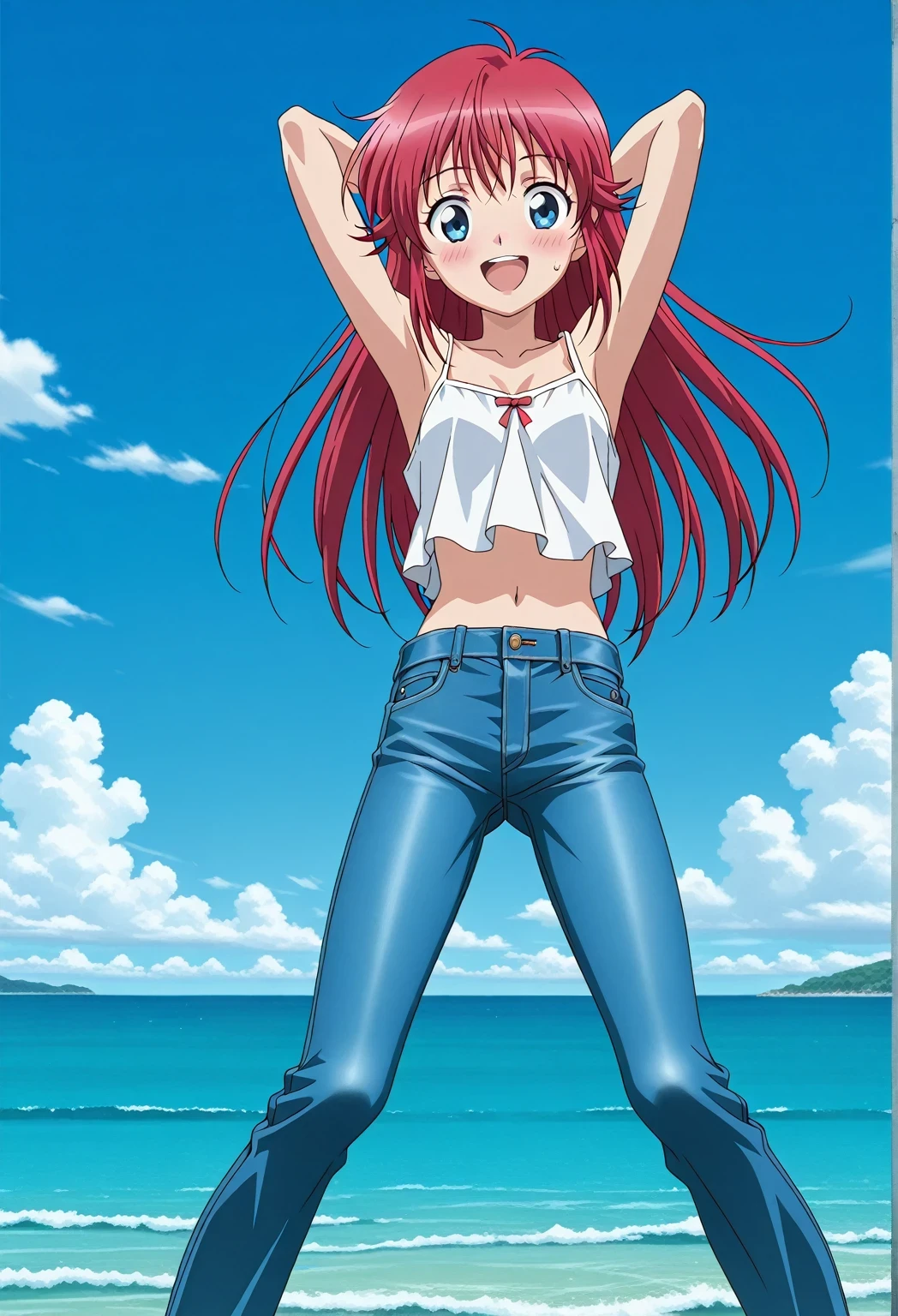 score_9, score_8_up, score_7_up, source_anime, highres, hi res, ((best quality, top quality, perfect quality, Highest Quality, amazing quality)), {{masterpiece}}, {{an extremely delicate and beautiful}}, 2d, intricate details, official style, anime, 8k, anime style, official_anime, official art, digital painting, cell shading, soft shading, high resolution, soothing tones, Subdued Color, Soft cinematic light, adobe lightroom, photolab, HDR, intricately and hyper-detailed, ((high quality animation)), 1 girl, Alone, solo, ((ocean)), tsunami, on the water, day, sunny, outdoors, sky, windy, Cleao Everlasting, blue eyes, red hair, long hair, anime screencap, small breasts, white camisole top, crop top, white crop top, best quality, hyper-detailed jeans, ((blue jeans:1.9)), (dark blue jeans:0.6), full medium body, medium shot, Open mouth, smiling, happy face, blush, sweat, standing, ((arms behind head:6.0)), bowlegged, jumping pose, action, looking at viewer, spread legs, Bend knees slightly, straight-on front view