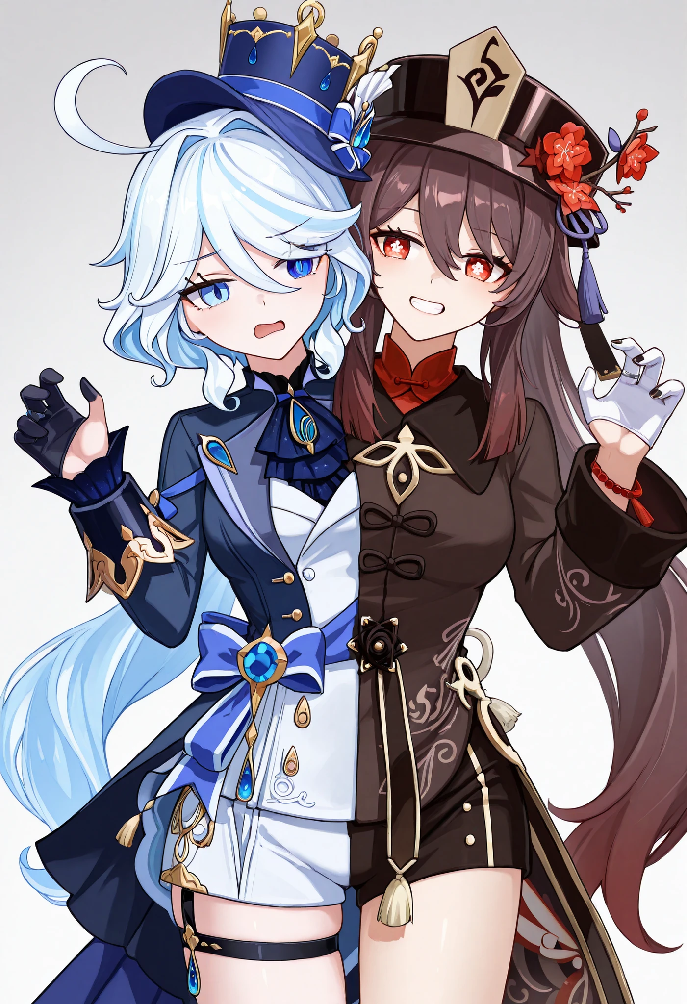 conjoined, twins, 2girls, 2heads, two heads, a tall thin girls with 2 heads, genshin, hu tao, Furina, brown hair, blue hair, red eyes, blue eyes, large breasts, long sleeves, hat, jewelry, flower, shorts, wide sleeves, coat, chinese clothes, black shorts, ring, black nails, hat ornament, hat flower, asymmetrical gloves, black gloves, frills, gloves, half gloves, hat, shorts, tailcoat, thigh strap, top hat, white gloves, white shorts,