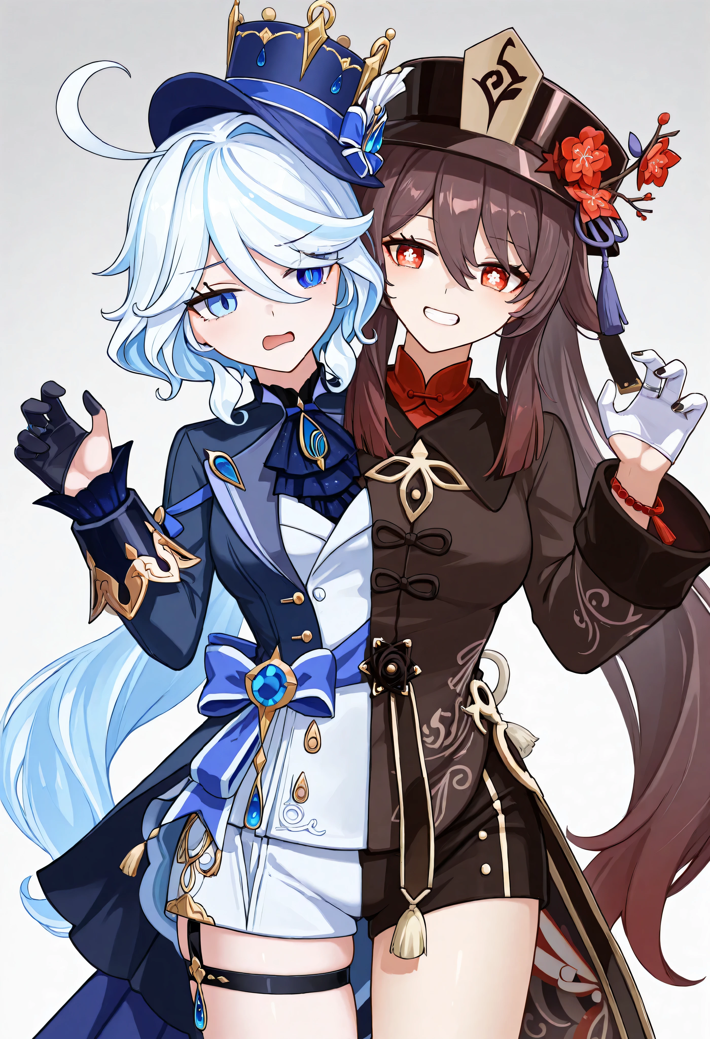 conjoined, twins, 2girls, 2heads, two heads, a tall thin girls with 2 heads, genshin, hu tao, Furina, brown hair, blue hair, red eyes, blue eyes, large breasts, long sleeves, hat, jewelry, flower, shorts, wide sleeves, coat, chinese clothes, black shorts, ring, black nails, hat ornament, hat flower, asymmetrical gloves, black gloves, frills, gloves, half gloves, hat, shorts, tailcoat, thigh strap, top hat, white gloves, white shorts,
