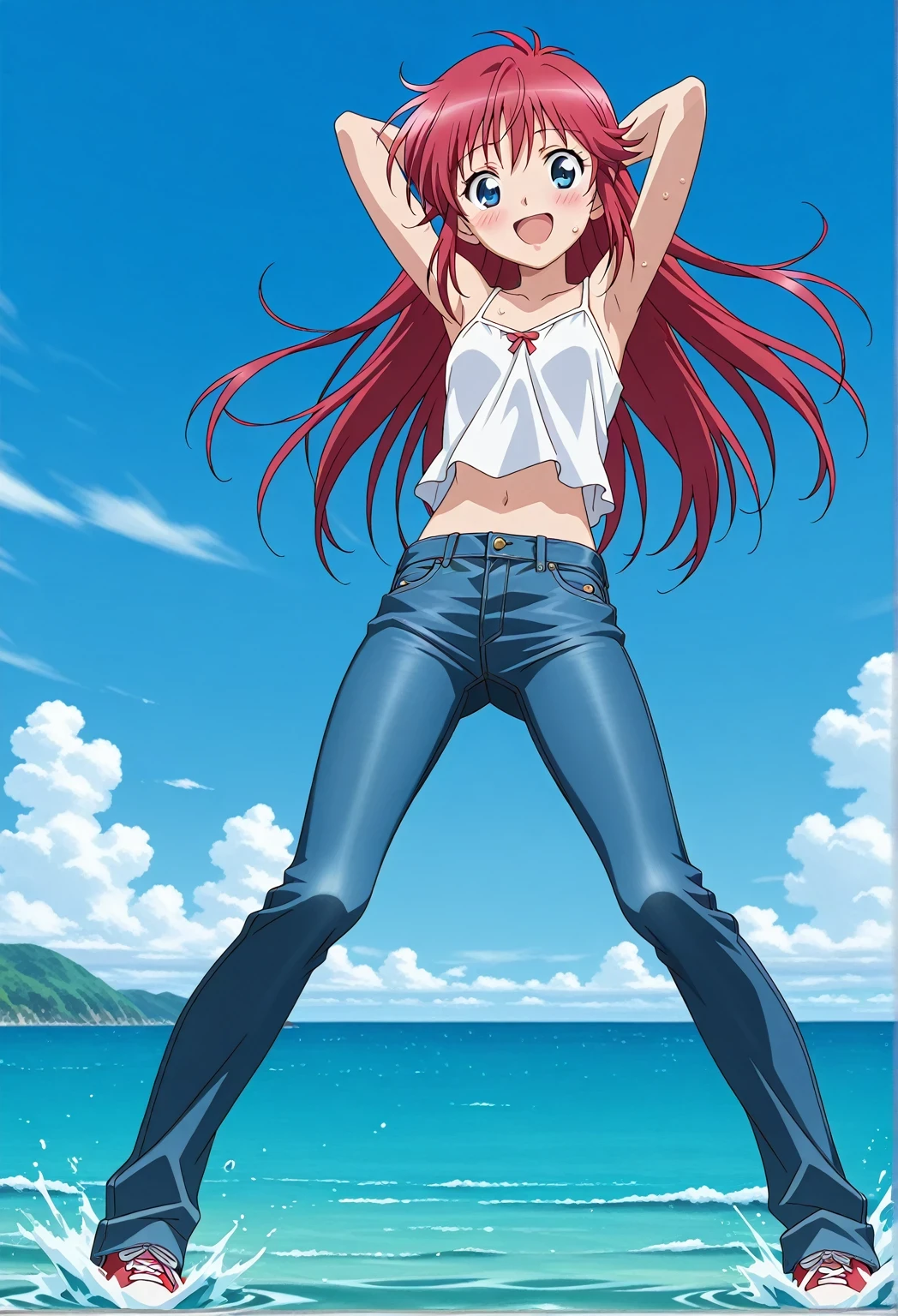score_9, score_8_up, score_7_up, source_anime, highres, hi res, ((best quality, top quality, perfect quality, Highest Quality, amazing quality)), {{masterpiece}}, {{an extremely delicate and beautiful}}, 2d, intricate details, official style, anime, 8k, anime style, official_anime, official art, digital painting, cell shading, soft shading, high resolution, soothing tones, Subdued Color, Soft cinematic light, adobe lightroom, photolab, HDR, intricately and hyper-detailed, ((high quality animation)), 1 girl, Alone, solo, ((ocean)), tsunami, on the water, day, sunny, outdoors, sky, windy, Cleao Everlasting, blue eyes, red hair, long hair, anime screencap, small breasts, white camisole top, crop top, white crop top, best quality, hyper-detailed jeans, ((blue jeans:1.9)), (dark blue jeans:0.6), full medium body, medium shot, Open mouth, smiling, happy face, blush, sweat, standing, ((arms behind head:6.0)), bowlegged, jumping pose, action, looking at viewer, spread legs, Bend knees slightly, straight-on front view