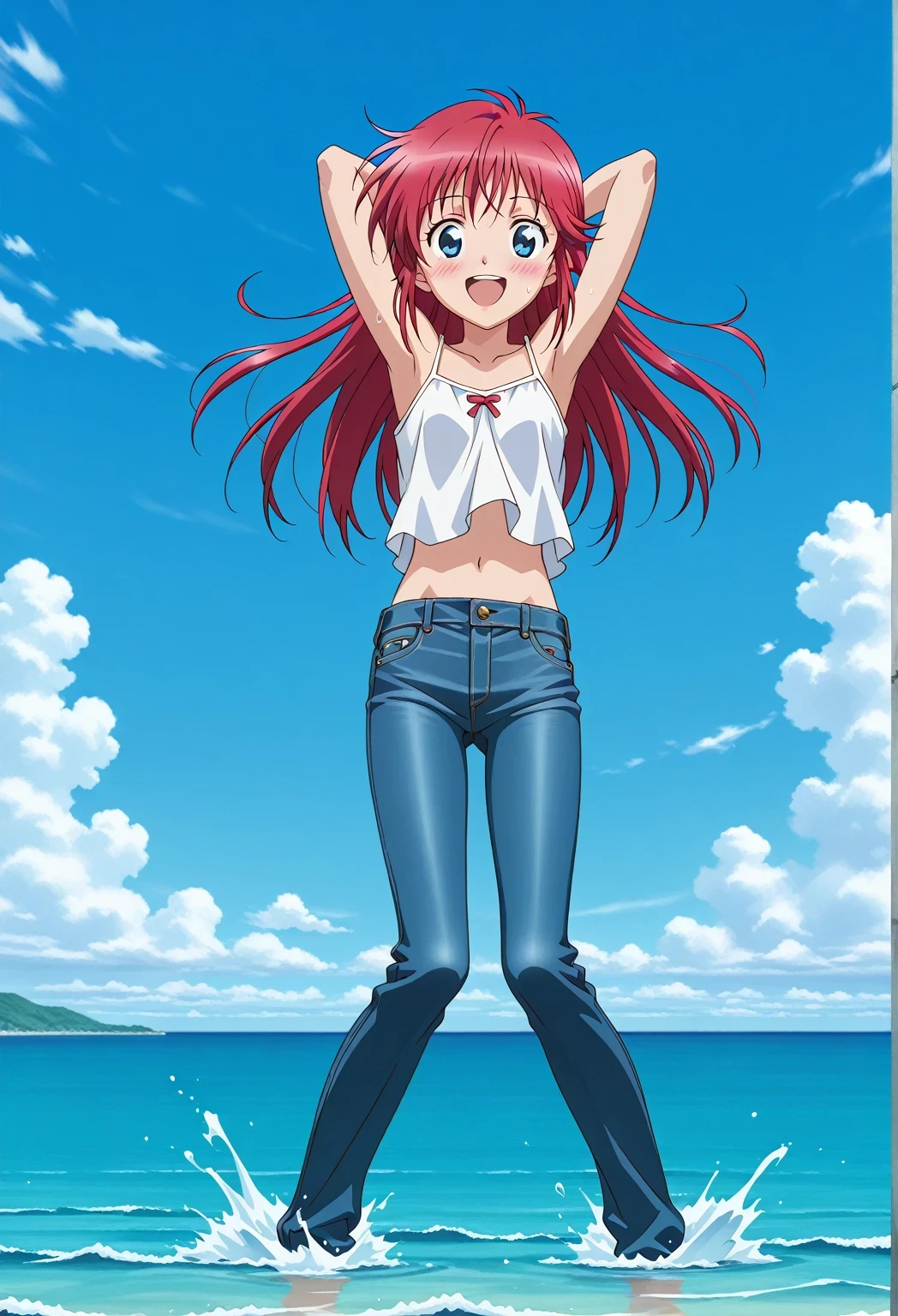 score_9, score_8_up, score_7_up, source_anime, highres, hi res, ((best quality, top quality, perfect quality, Highest Quality, amazing quality)), {{masterpiece}}, {{an extremely delicate and beautiful}}, 2d, intricate details, official style, anime, 8k, anime style, official_anime, official art, digital painting, cell shading, soft shading, high resolution, soothing tones, Subdued Color, Soft cinematic light, adobe lightroom, photolab, HDR, intricately and hyper-detailed, ((high quality animation)), 1 girl, Alone, solo, ((ocean)), tsunami, on the water, day, sunny, outdoors, sky, windy, Cleao Everlasting, blue eyes, red hair, long hair, anime screencap, small breasts, white camisole top, crop top, white crop top, best quality, hyper-detailed jeans, ((blue jeans:1.9)), (dark blue jeans:0.6), full medium body, medium shot, Open mouth, smiling, happy face, blush, sweat, standing, ((arms behind head:6.0)), bowlegged, jumping pose, action, looking at viewer, spread legs, Bend knees slightly, straight-on front view