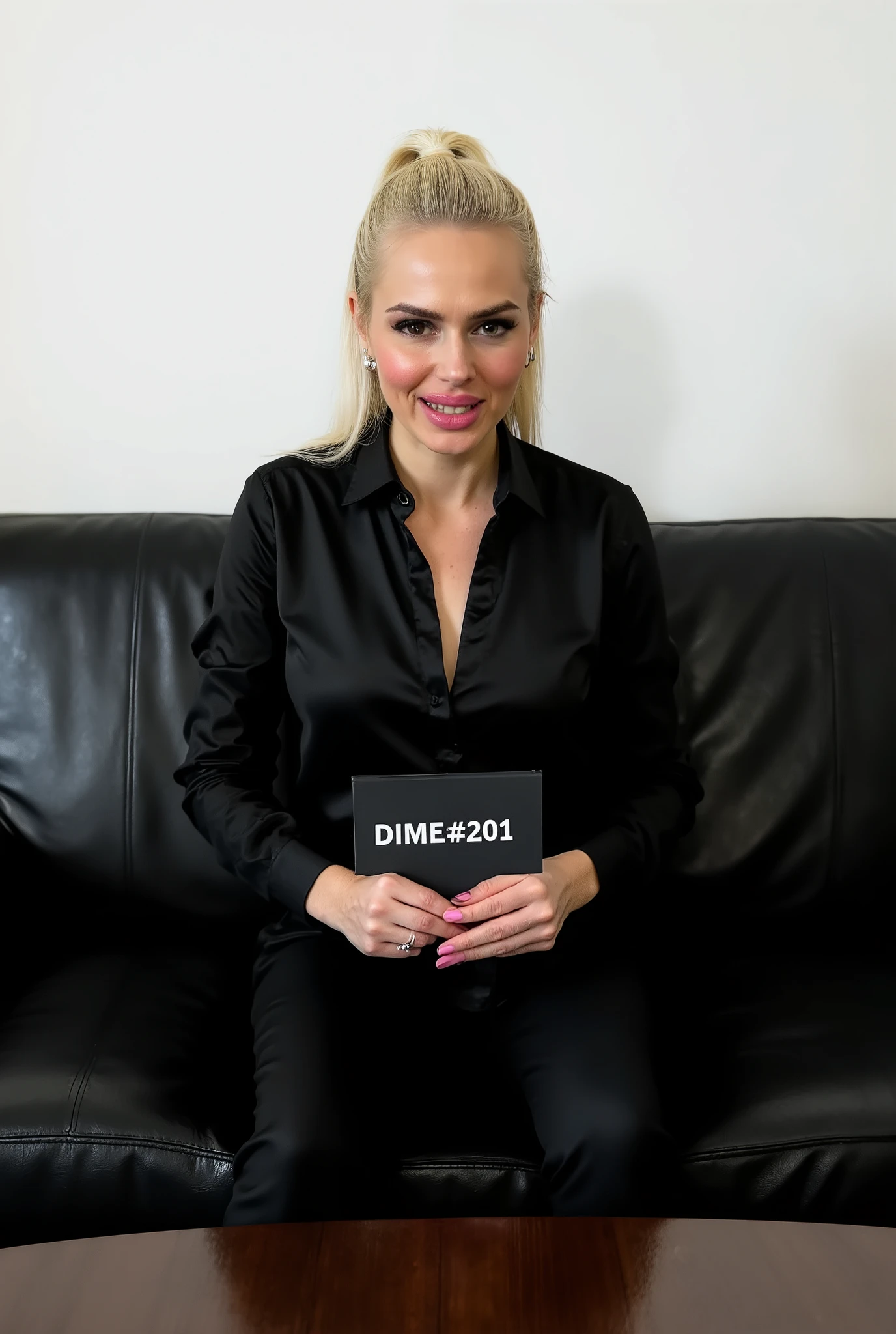 short petite woman sitting on a black leather couch, straight posture, D2, white background, wearing black pants with matching long-sleeve dress shirt , ponytail, body focus, big full lips, bleached hair, anatomically correct, nervous smile, coffee table, blush, looking at the viewer, facing the viewer, realistically textured skin with blemishes, casting, holding a sign "DIME#201" in her hands, ((portrait:1.25)), pink nails, 