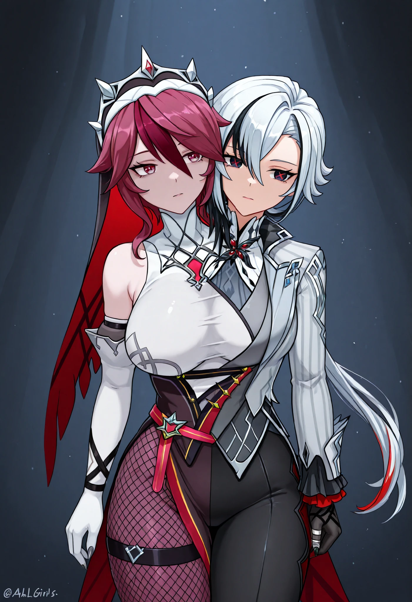 conjoined, 2girls, 2heads, two heads, a tall thin girls with 2 heads, genshin, Arlecchino, Rosaria, white hair, red hair, black eyes, red eyes, large breasts, front shots, thighs, gloves, bare shoulders, pantyhose, elbow gloves, white gloves, fishnets, nun, fishnet pantyhose, habit, black gloves, grey tailcoat, black pants, grey vest, grey shirt,