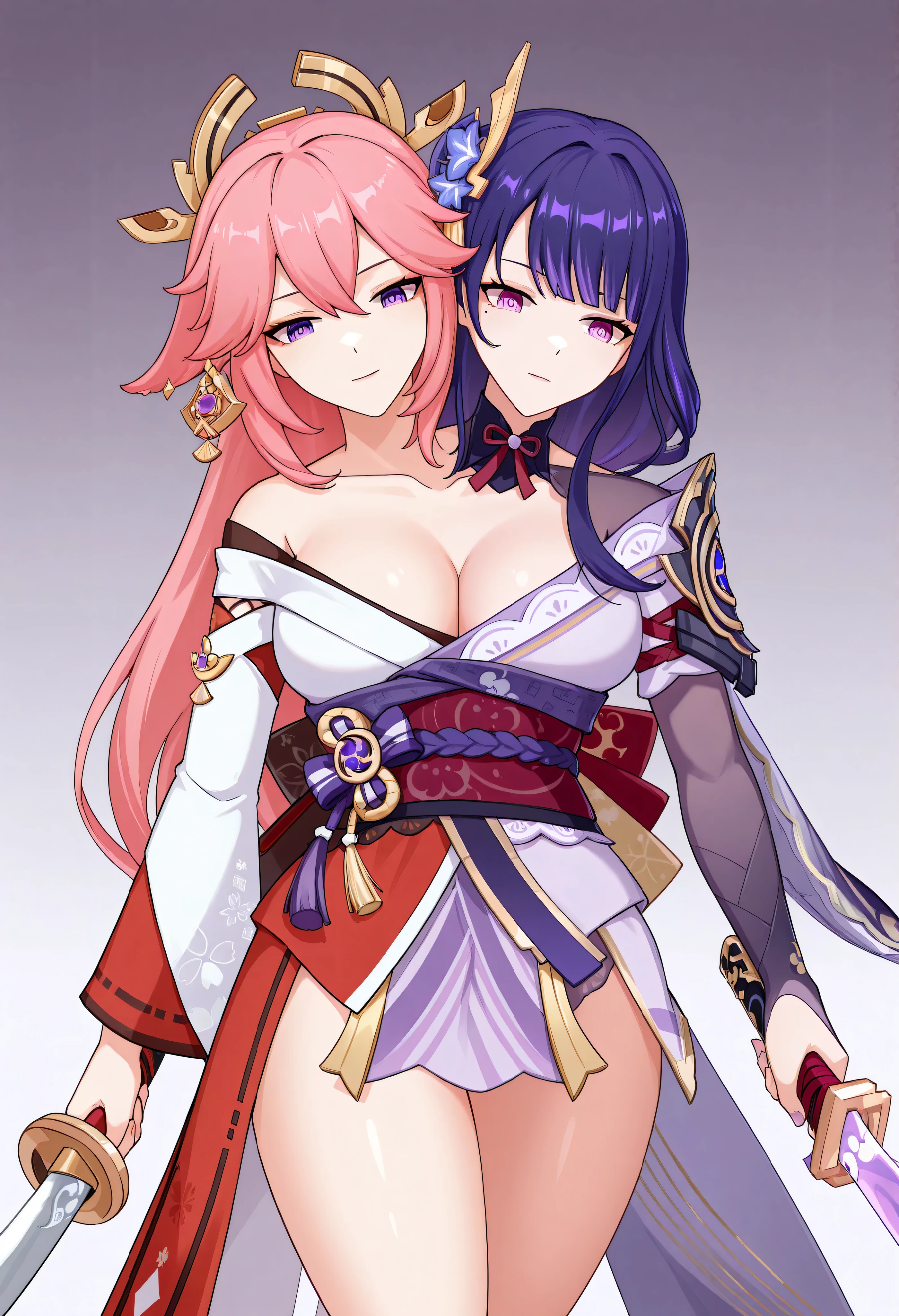 conjoined, 2girls, 2heads, two heads, a tall thin girls with 2 heads, genshin, yae miko, Raiden Shogun, pink hair, purple hair, pink eyes, purple eyes, kimono, katana,large breasts, front shots, thighs,