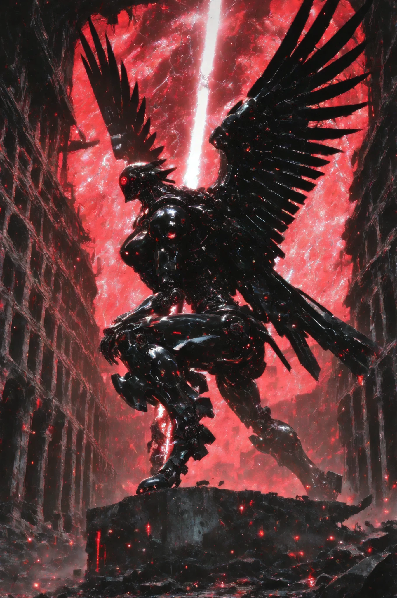 (highest quality, highest masterpiece, the most detailed description of the human body, anatomically accurate)Duel Eye that emits red light、Jet Black Angel 、the ring of angels is black and red mechanical and inorganic、An angel wearing a futuristic mechanical jet black robe that glows red from Christianity sitting cross-legged on the ruins of a futuristic super-large building、from obliquely below、(Top Quality Shiny Fabric Realistic Stitching)Place々that emits red light up、Place々in a futuristic mechanical overknee boot、Vernier device on the sole、A small, futuristic, mechanical reactor on its back、(Highest quality and detailed depiction)fantastic and holds a mechanical scythe in front of the body、large fantastic and mechanical red, strongly emitting black wings with strong luminescence in color、