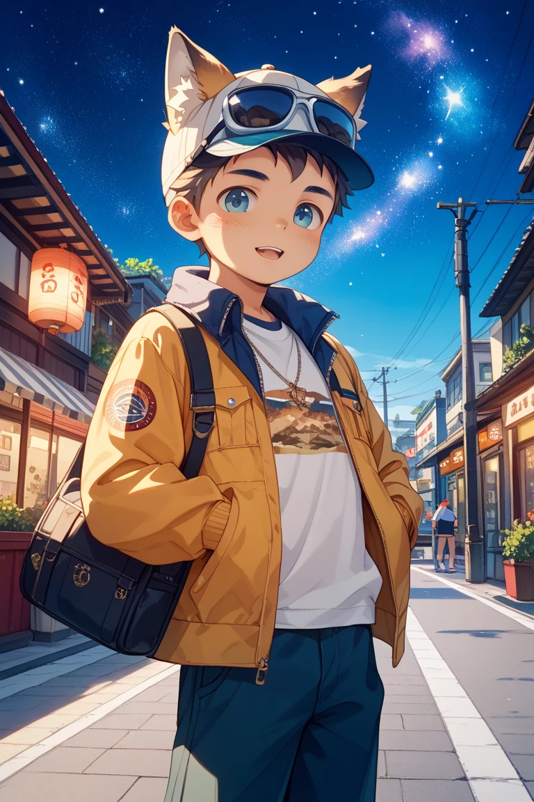 Crie um avatar de um rapaz jovem da cintura para cima, ele usa uma camisa branca com uma palavra escrita em laranja: "Story Teller"(a palavra "Story" fica em cima e "Teller" logo abaixo da palavra "Story"), He also wears a coat where one half is blue and the other red, (The coat is open revealing the writing "Story Teller"), Your hands are inside your pocket, He is wearing a straw hat identical to Luffy's that creates a shadow that covers his eyes, mas revela um sorriso pequeno