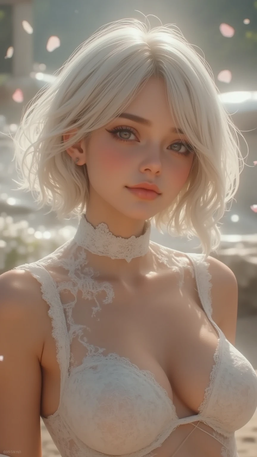 RAW photos, ((Portrait of extreme beauty))), upper body, (((glossy glossy skin)), 1 girl, 25 years old pretty beautiful woman, (shiny bright white hair)), disheveled hair, [high definition shining bright light blue eyes], silky fine hair, short hair, eyeliner, shiny bangs, fluttering hair, smile, ((masterpiece, top quality, super detailed , film light, complex detail, high resolution, 8K, very detail)), detailed background, 8K UHD, DSLR, soft light, high quality, film grain, Fujifilm XT3, shallow depth of field, natural light, (perfect hands),  perfect beautiful face, cat ears, (beautiful red dress), choker