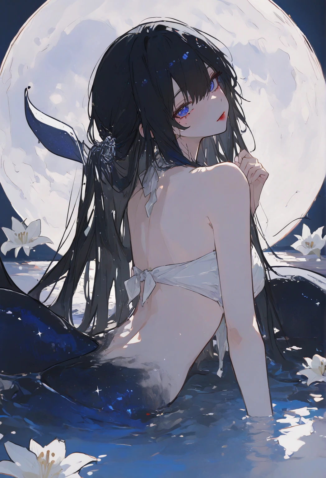 ((A long shot)) of a black-haired anime teen girl, ((sitting in a river)), ((strong moonlight)), cinematic light, slim body, skin is perfectly healthy, soft, and smooth, Extremely delicate and beautiful CG illustration, best quality, high resolution, dynamic angle, full-length lens, (1 girl), floating, (soft light, high-key lighting), glowing light, blue halo, blue crystal, ((very cinematic)), ((half naked))