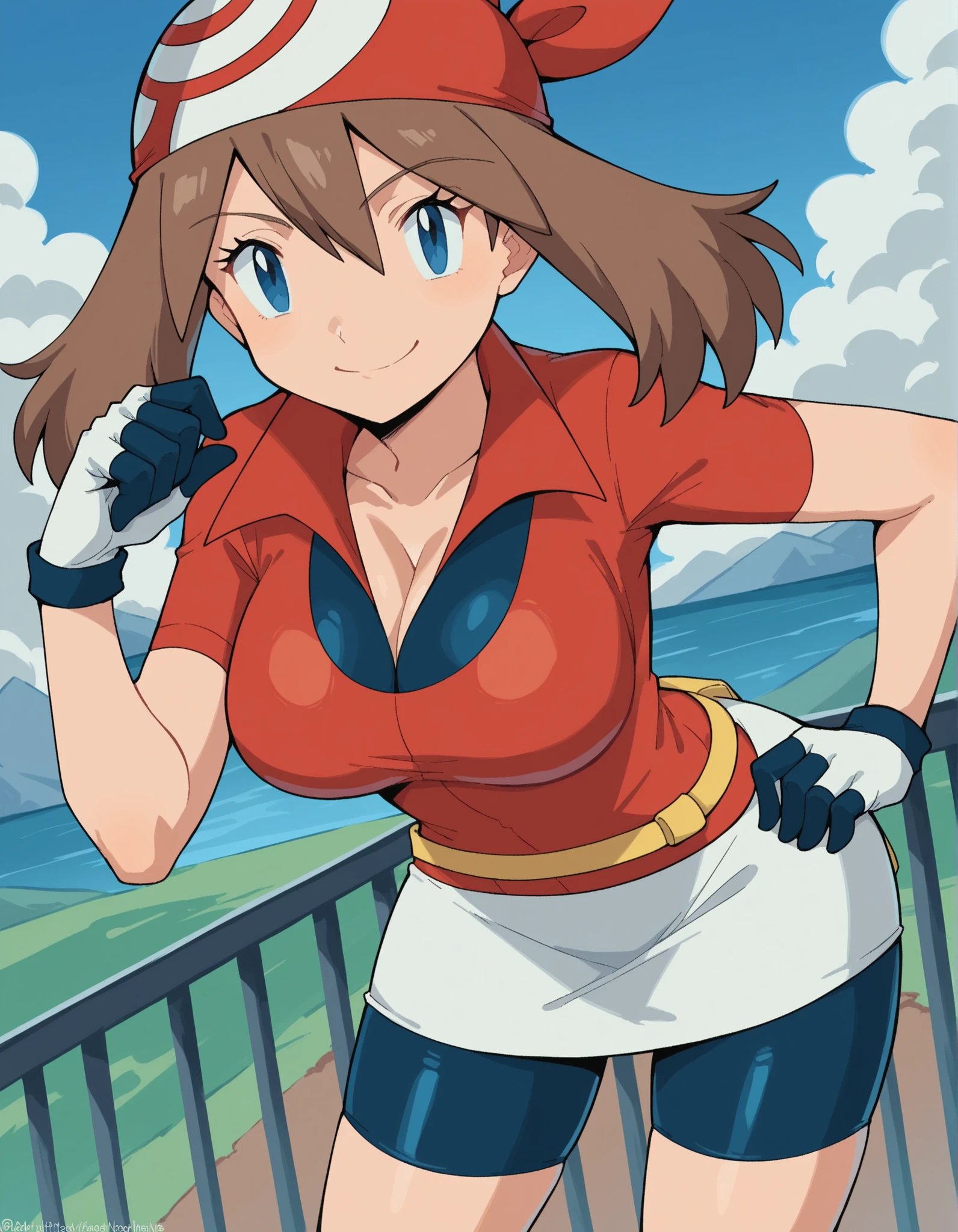 score_9, score_8_up, score_7_up, source_anime, pokemon may, blue eyes, brown hair, bandana, long hair, red bandana, twintails, hair between eyes, skin tight clothes, big breasts, cleavage, bike shorts, collared shirt, gloves, microskirt, multicolored shirt, pencil skirt, red shirt, shirt, short sleeves, skirt, white skirt,, landscape, bent over, smile,, looking at viewer, solo, cowboy shot, dutch angle